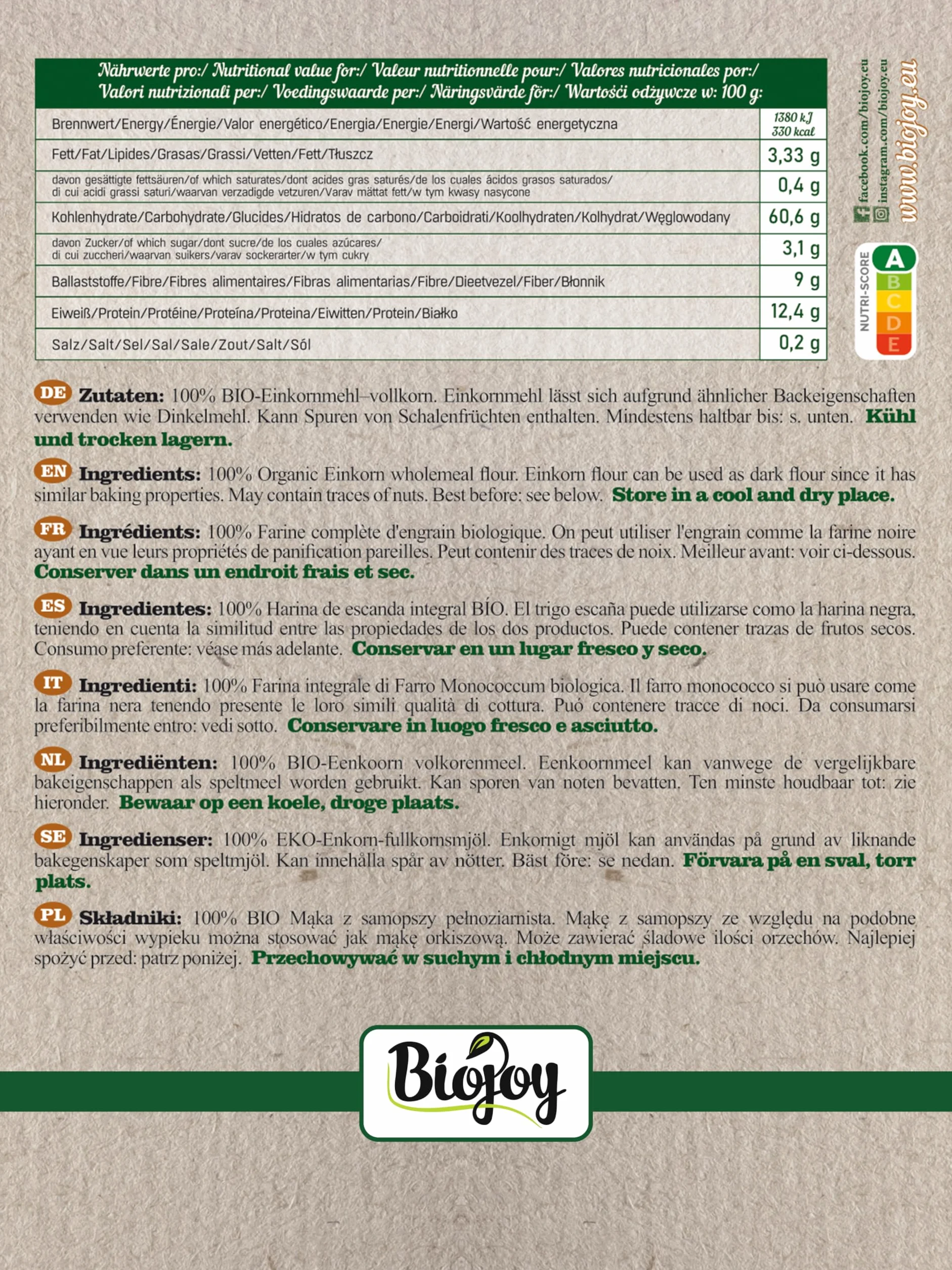 Biojoy Harina de Escanda Integral Ecológica (5 kg), Granos de Escanda molidas (Triticum monococcum)