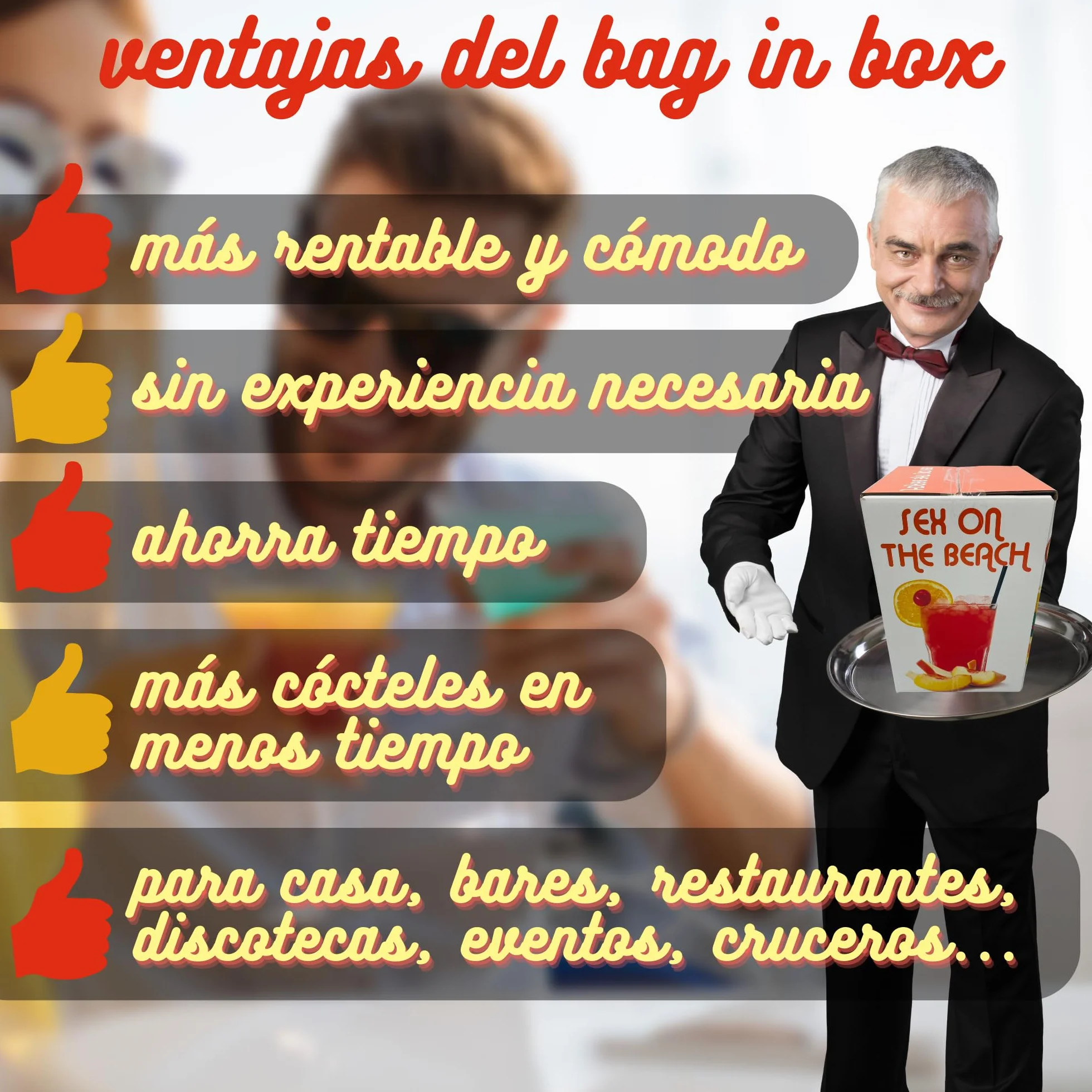 Concentrado Cóctel Sex On The Beach Bag en Box 3,3 Kg (3L) 28% Vol. Rinde 15L o más de 50 vasos diluído en Agua y Hielo. Un Cocktail Más Rentable y Rápido en Menos Espacio. Por Destilerías Riojanas
