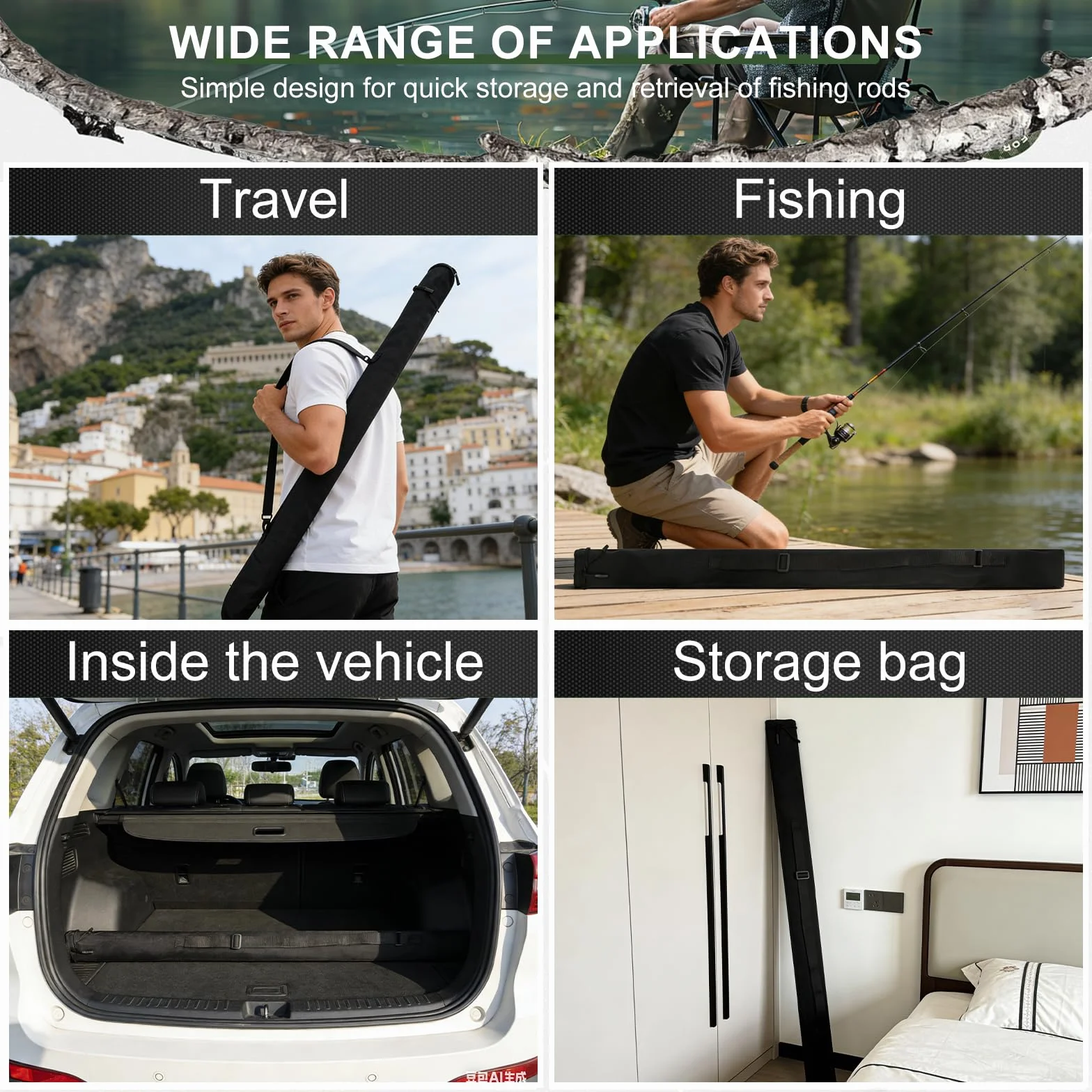 Soporte Cañas de Pescar Mochila Pesca 130x13cm Porta Cañas 2-3 Cañas Accesorios Correa Ajustable Funda Transporte Negro