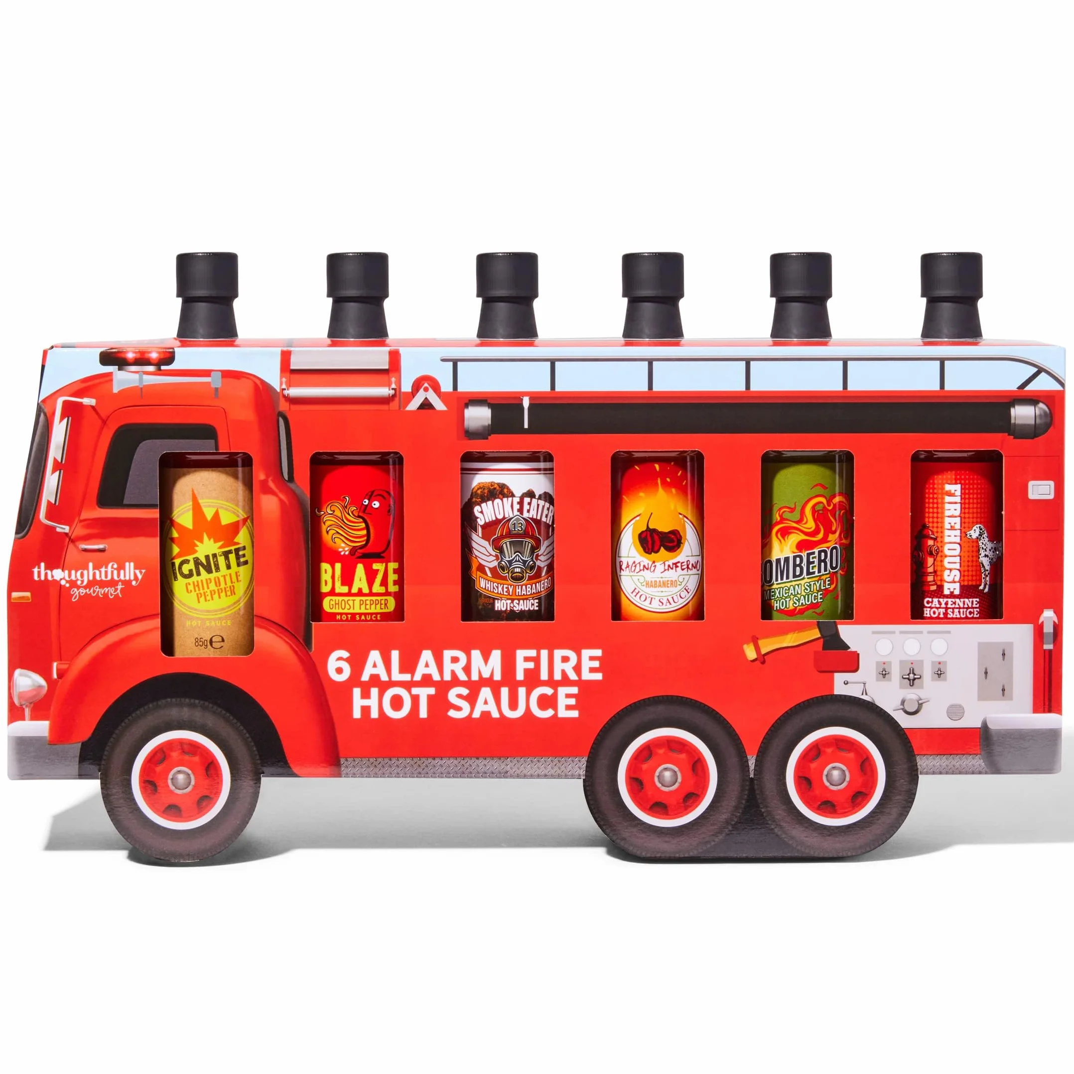 Thoughtfully Gourmet – Set de 6 Salsas Picantes – Regalo para Hombre – Ghost Pepper, Cayena, Chipotle – Pack Salsas Picantes en Camión de Bomberos – Regalo Barbacoa – 6 x 85 g