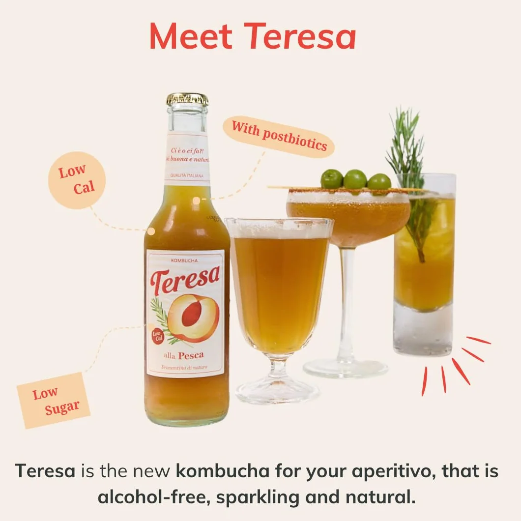 Teresa Kombucha Espumoso con Postbióticos – Bebida Fermentada Natural Pasteurizada – Alternativa saludable y sin alcohol – Botella de 275ml – Sabor a melocotón – Made in Italy