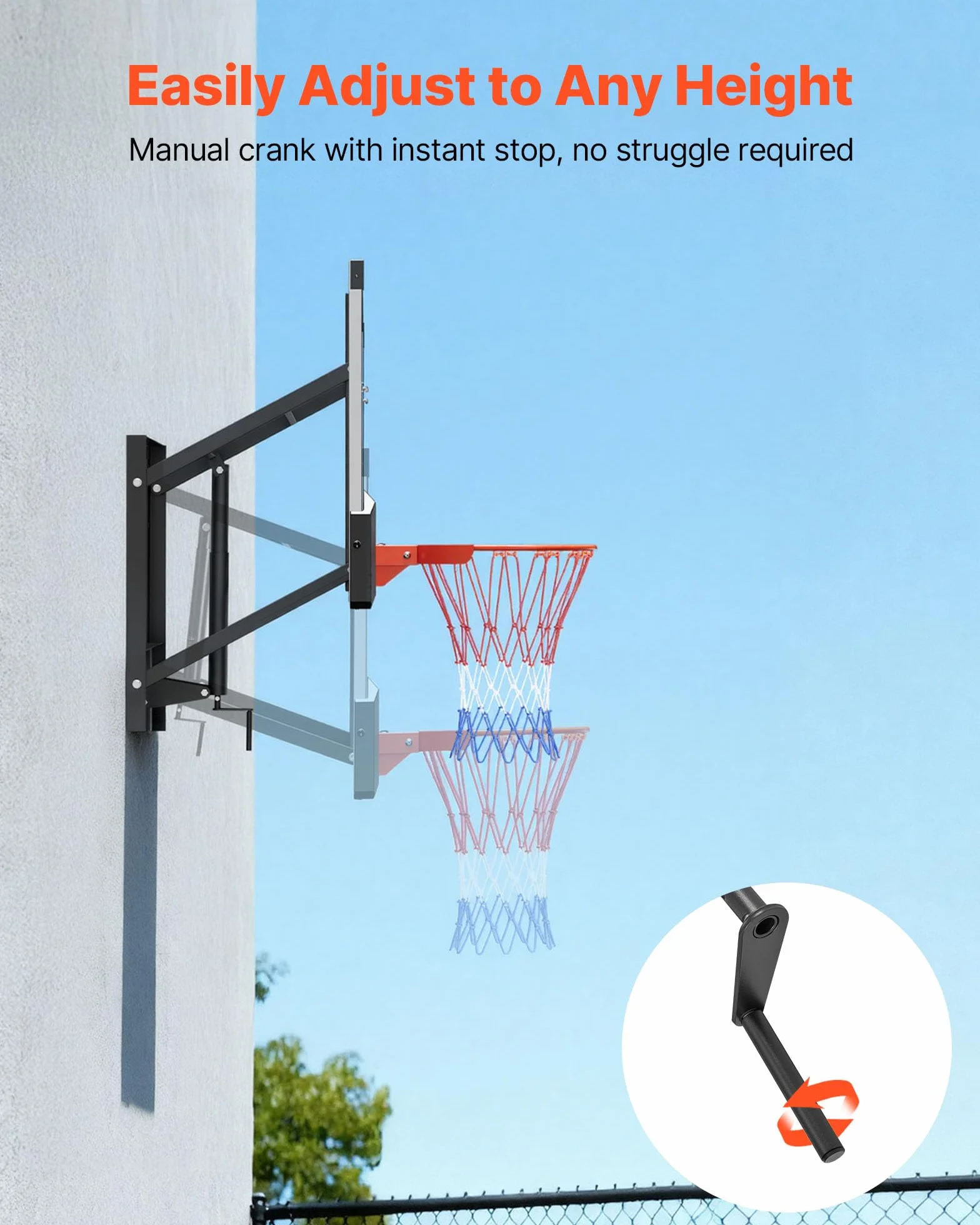 VEVOR Aro de Baloncesto de Pared, Tablero de Policarbonato, Red de Nailon Reforzado, 1390 x 1300 x 820 mm