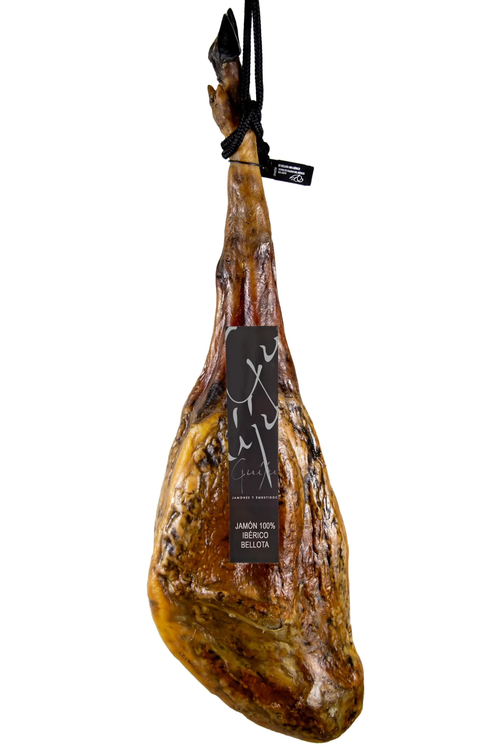 Jamón Ibérico de Bellota 100% Ibérico, Pata Negra, Aprox. 8-8,5 kg, con Chorizo o Salchichón de Bellota y Cuña de Queso de Oveja+miel natural de encina, Marca Guiju.Certificado brida negra.