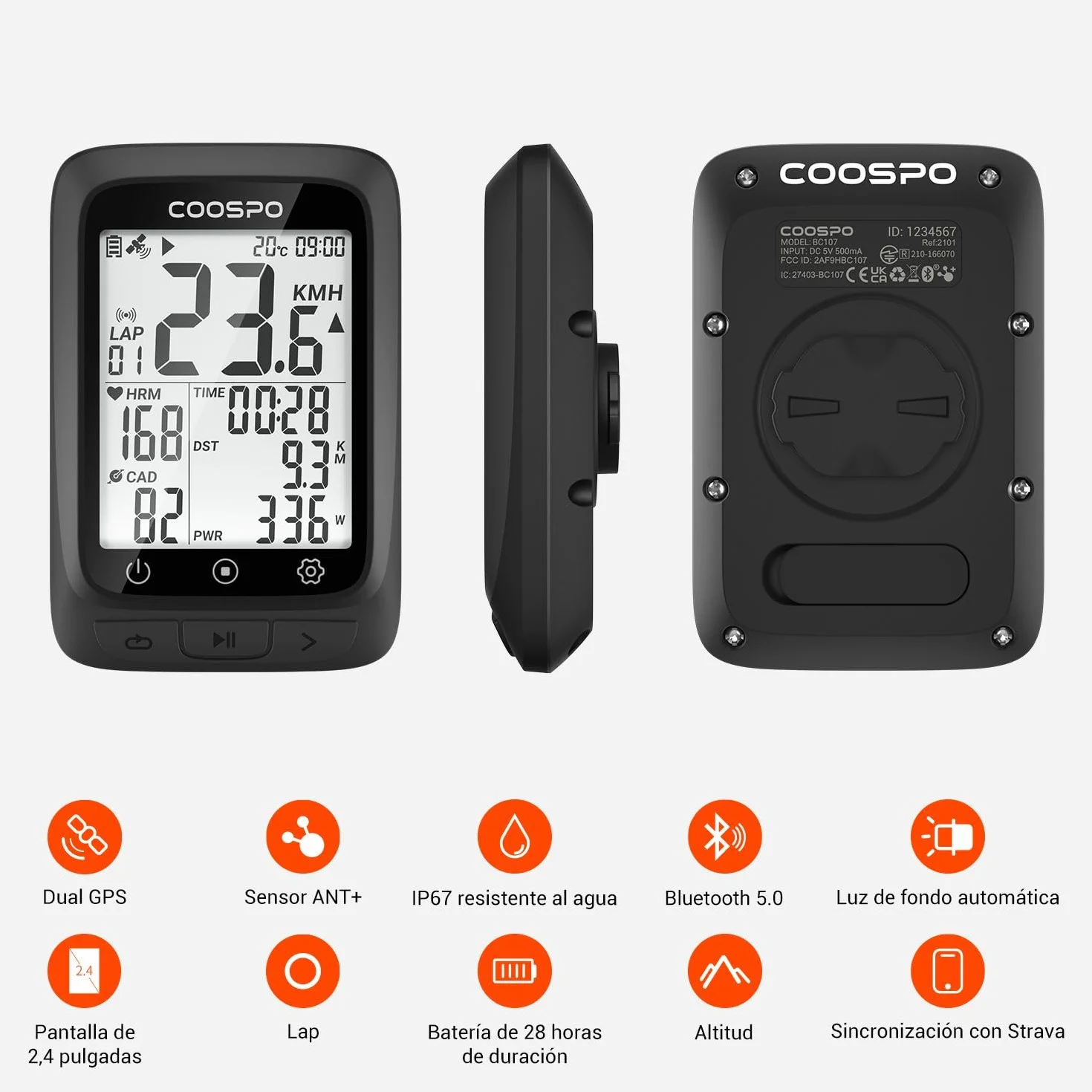 COOSPO BC107 GPS Computadora de Bicicleta Ant+ BLE5.0 IP67 Impermeable 2,4" Retroiluminada