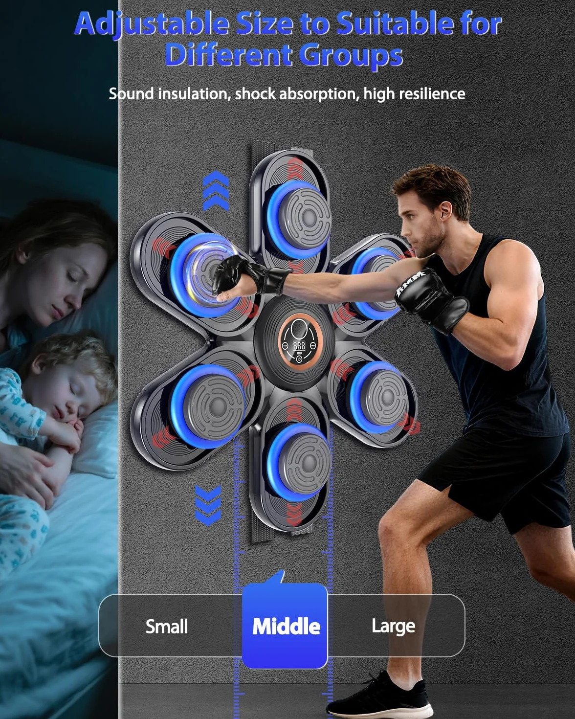 Holilo Máquina de Boxeo Musical, Maquina Boxeo Musical Pared con LED y Bluetooth, 9 Modos de Velocidad y Entrenamiento, Contador de Golpes, Guantes para Adultos y Niños