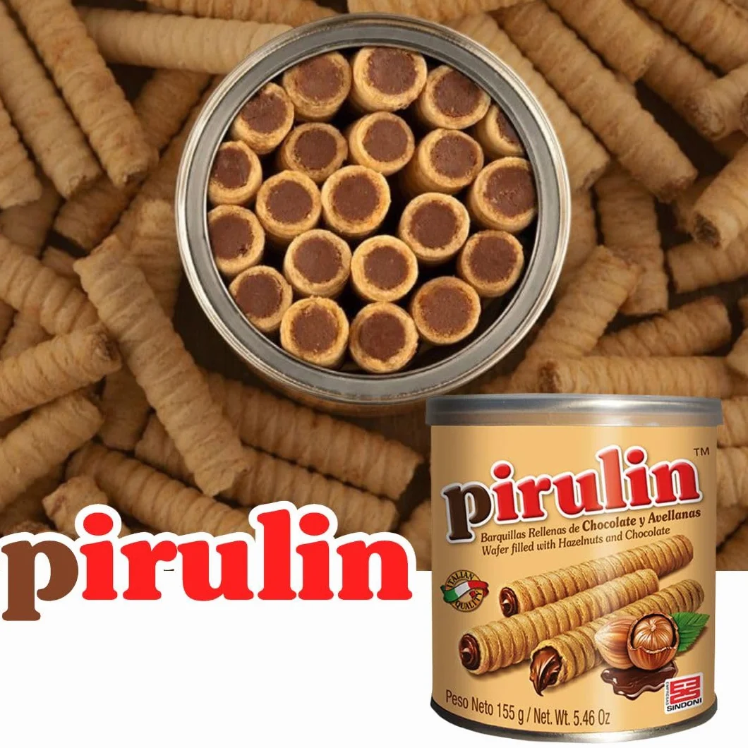 Pirulín Sindoni Pack de 2 Latas 155 g c/u | Barquillos Rellenos de Crema de Chocolate y Avellana | Snack Dulce Venezolano | Ideal para Compartir o Regalar