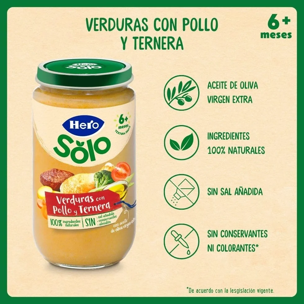 Hero Solo, Tarrito de Verduras con Pollo y Ternera, Desde 6 Meses, 100% Natural, Sin Azúcar Añadido ni Almidón, Calidad Baby Garantizada, 235g x 6 unidades