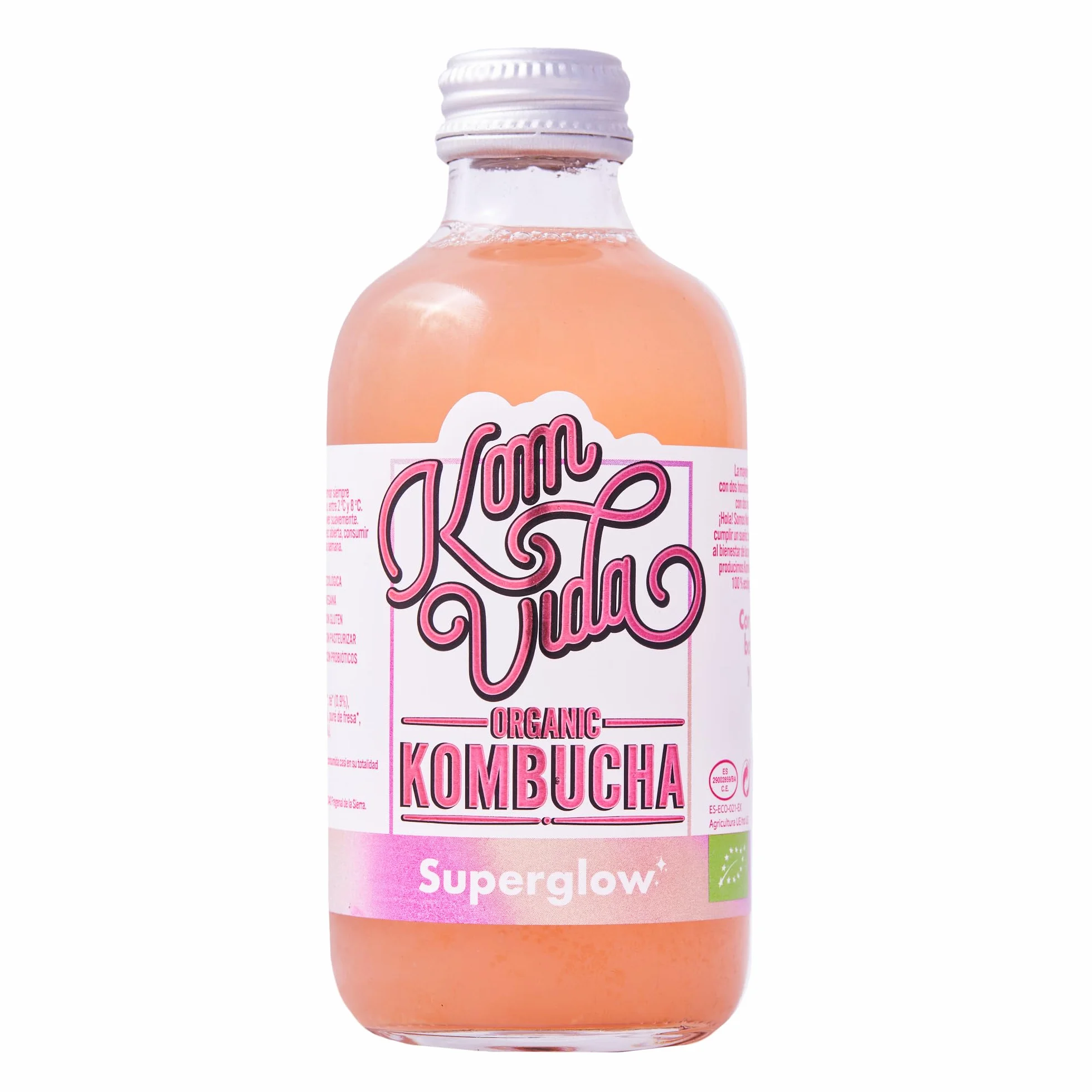 Kombucha Komvida Superglow- Bebida Ecológica de Té fermentado con aloe vera, Sabor Fresa y Lima, Probióticos Naturales, Baja en calorías, 250ml