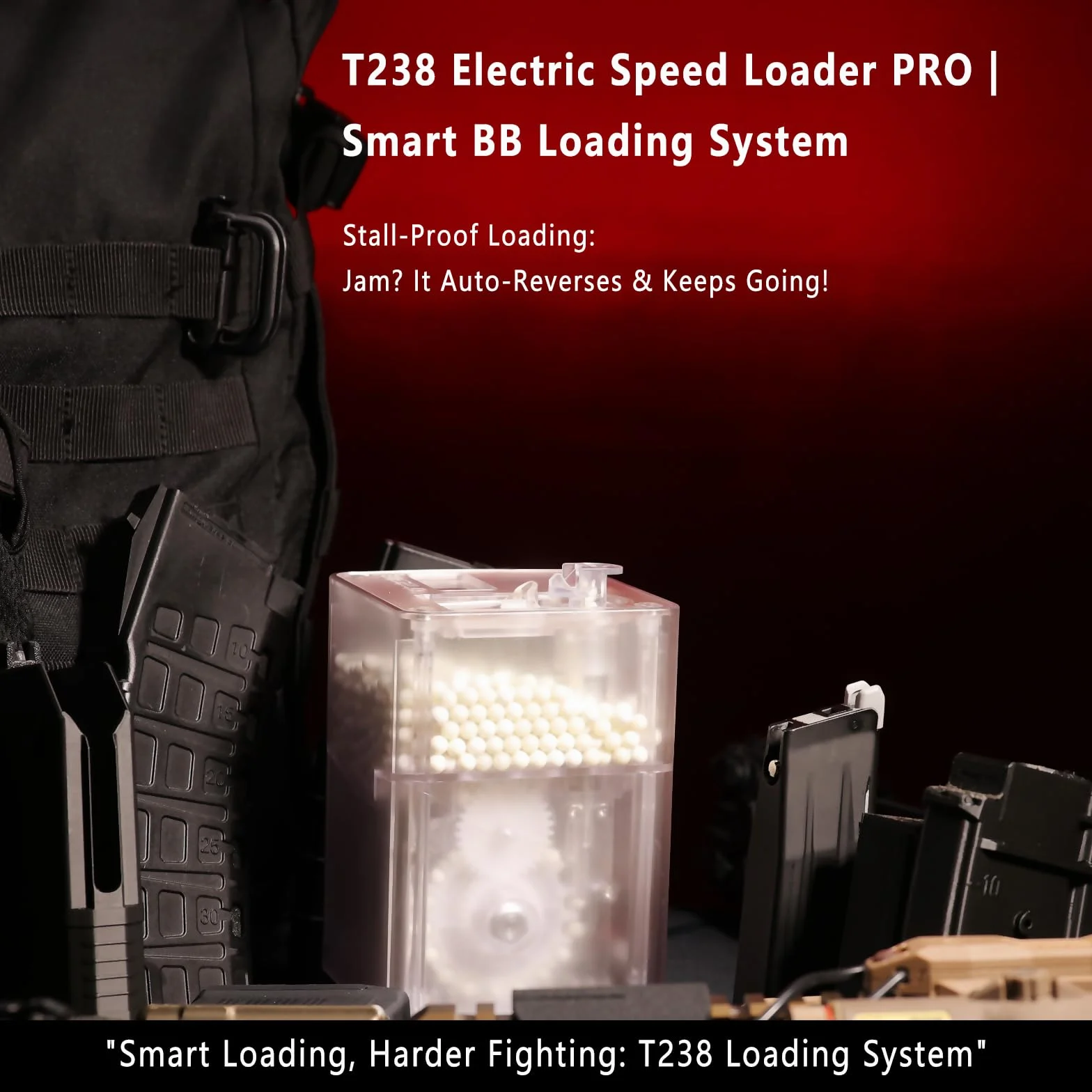 Cargador eléctrico Airsoft Speedloader PRO automático 21 BBS/s OLED 1800rd 4 adaptadores 11,1 V 1100 mAh