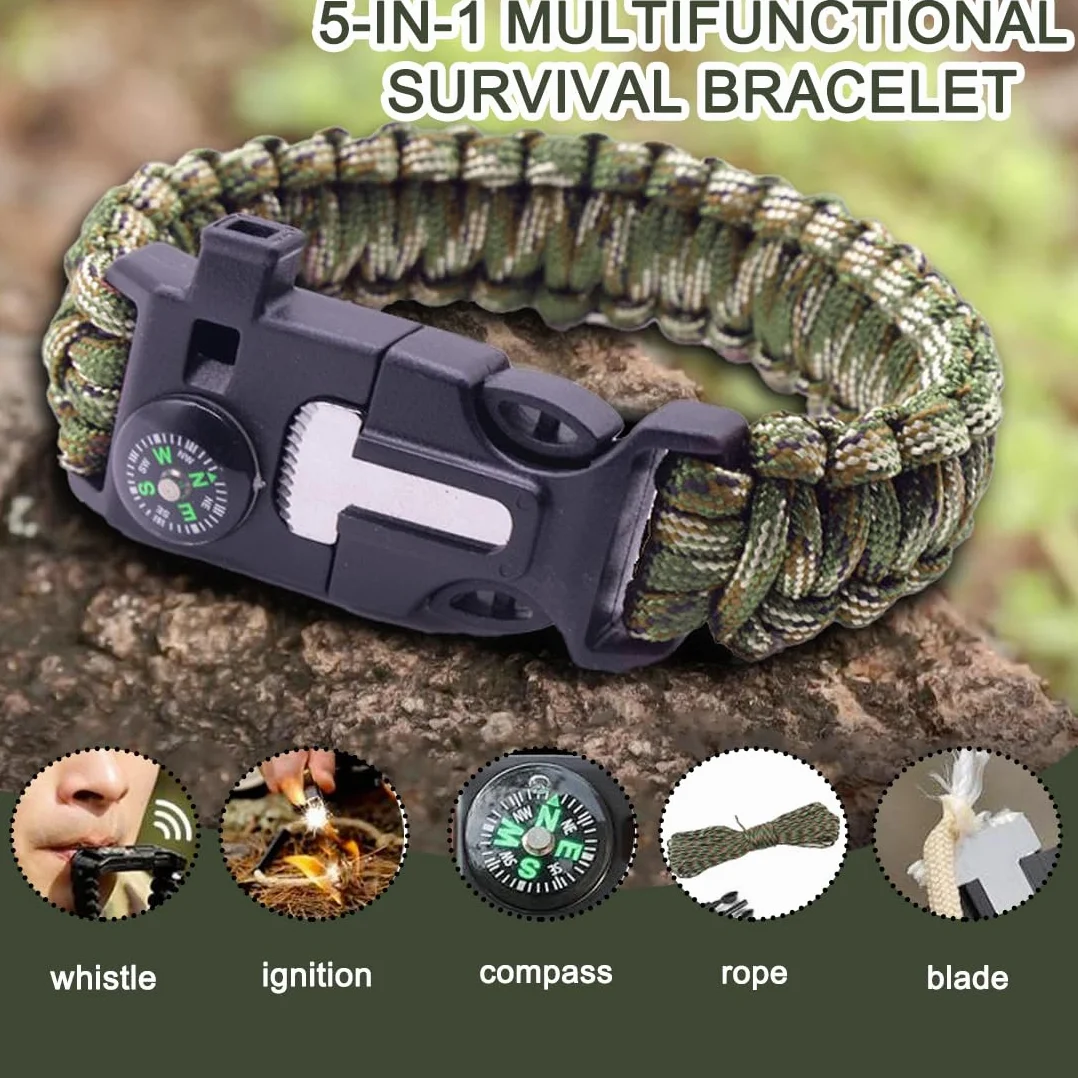 JYNVOC Pulsera Multifuncional 5 en 1 con Pedernal, Brújula, Cuerda de Paracaídas, Silbato, Cuchilla