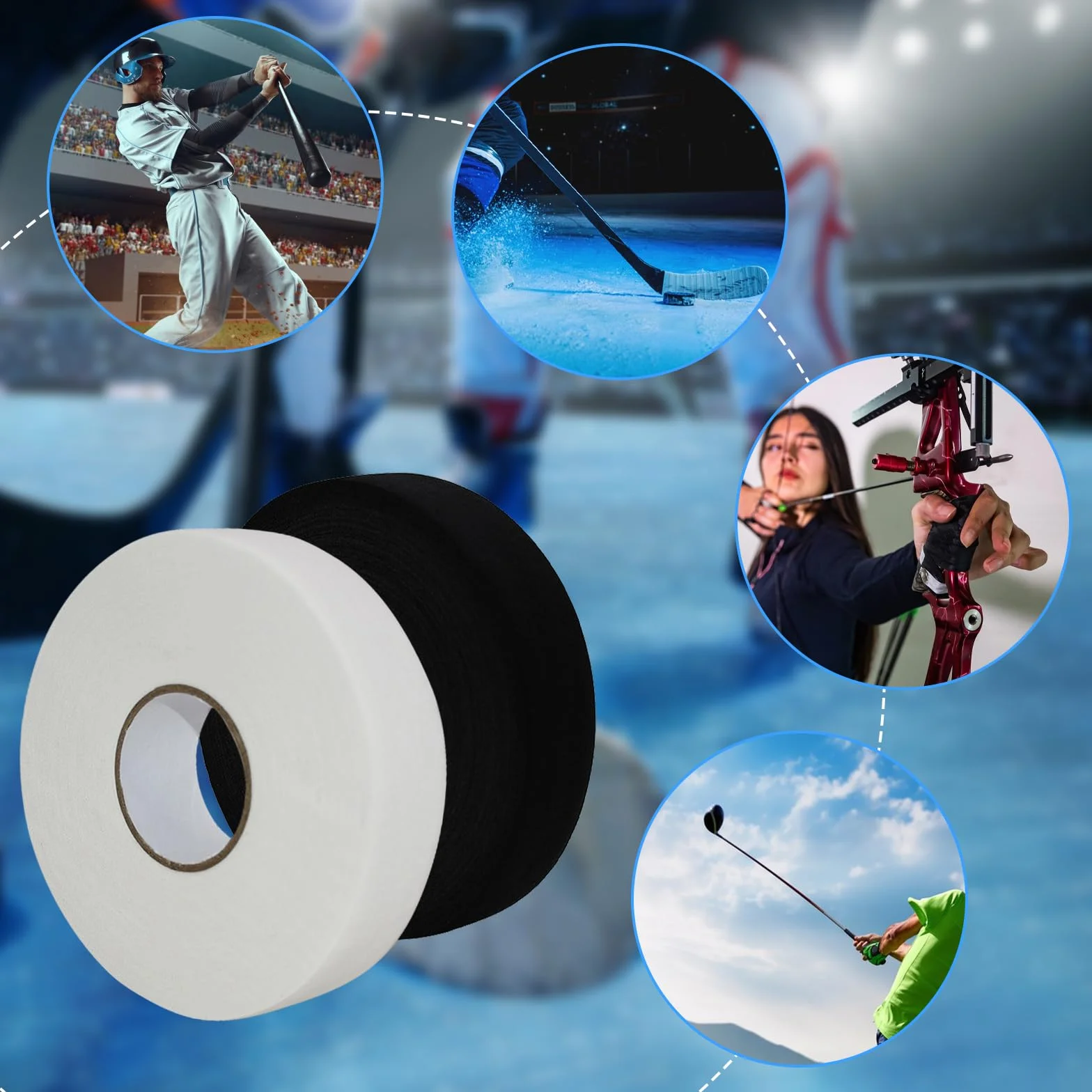Cinta Hockey 25m x 25mm Antideslizante Autoadhesiva para Palo de Raqueta Golf Tenis Bádminton (Negro Blanco)