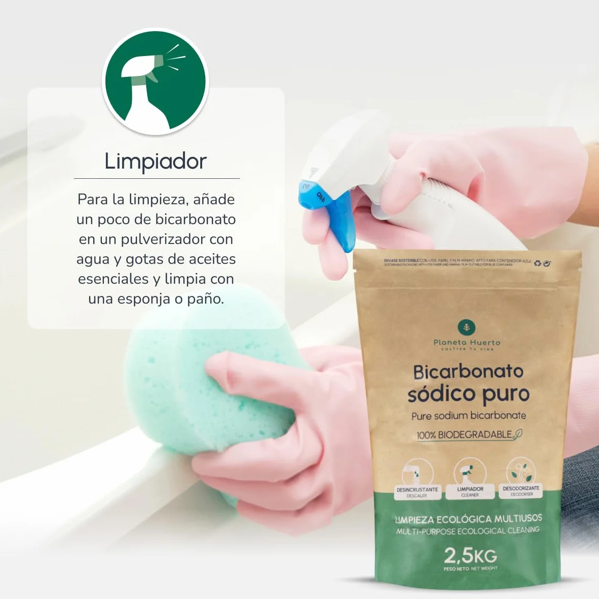 PLANETA HUERTO | Bicarbonato Sódico 1 kg - Multiusos, Hipoalergénico y Ecológico para Limpieza, Cocina y Más