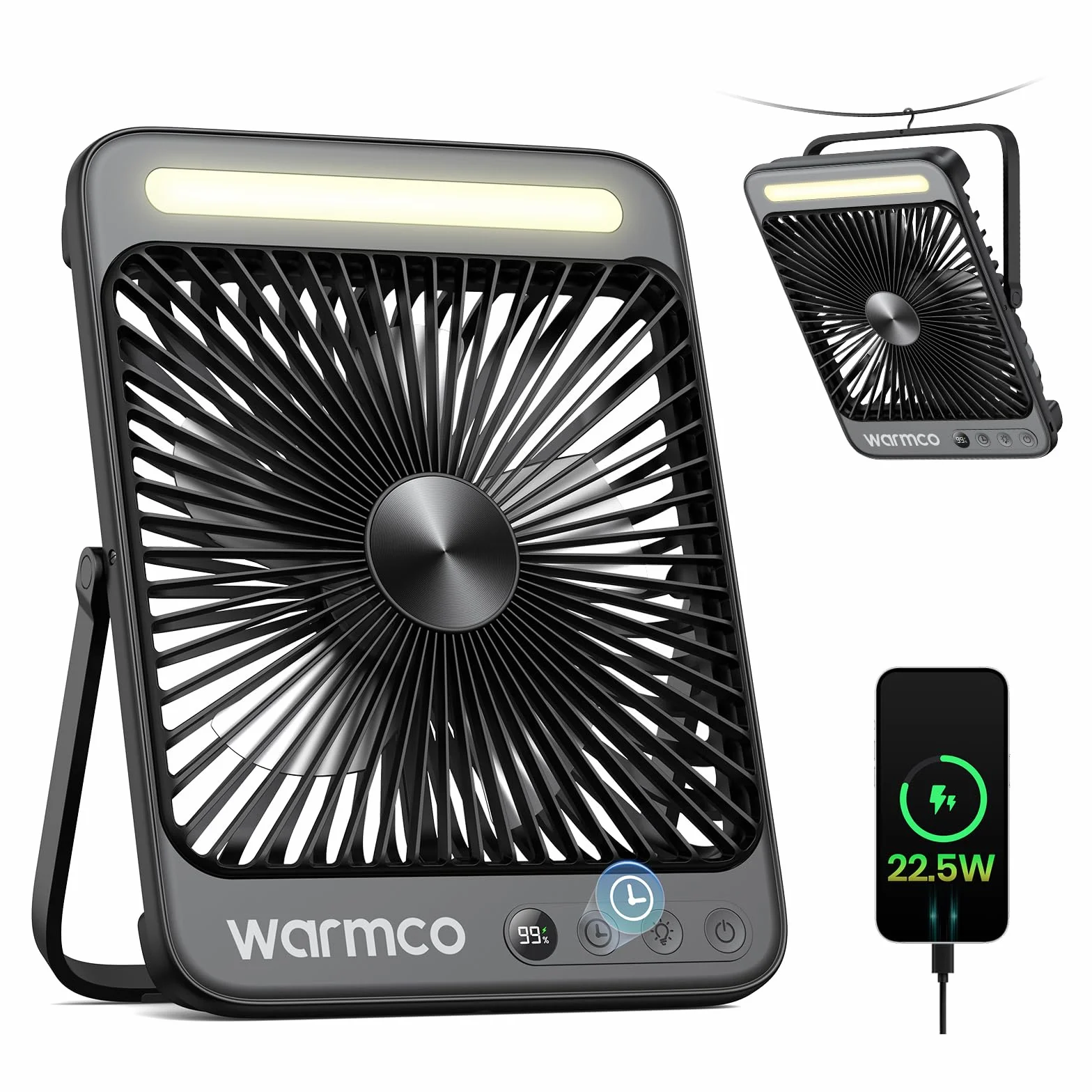 Ventilador Camping 20000mAh 27cm Recargable con Luz Carga Rápida 22,5W Autonomía 48H