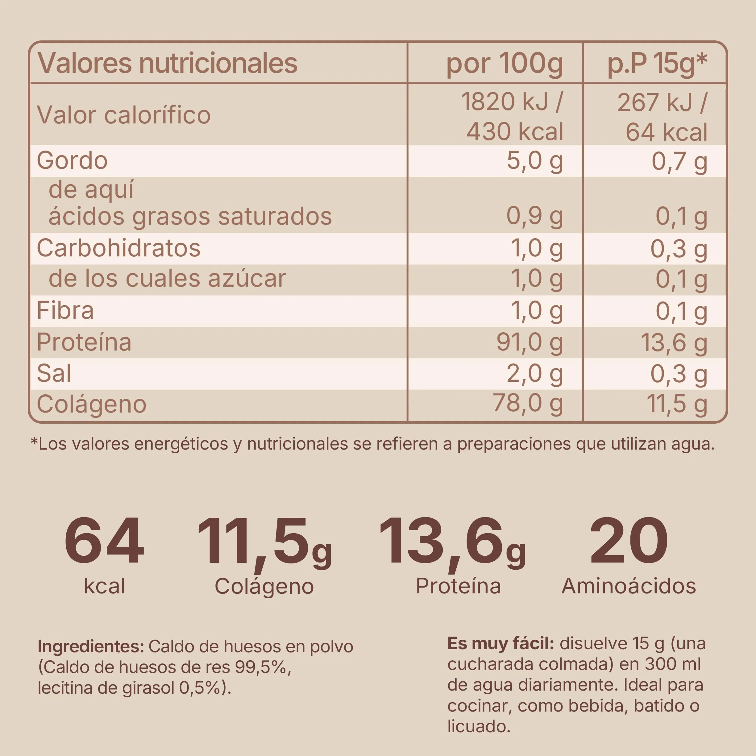 Polvo de caldo de huesos de ganado de pasto bioactivo 350 g colágeno tipo 1,2 y 3 alto contenido en proteínas