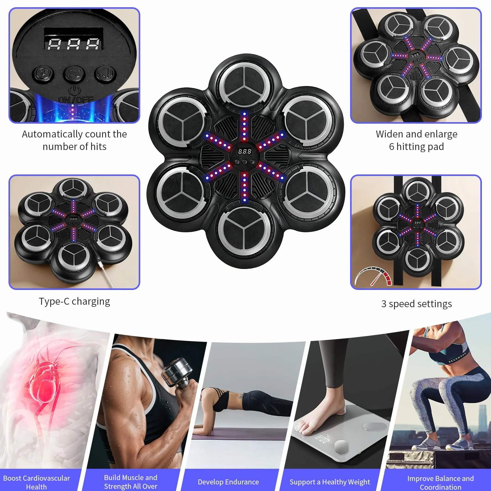Máquina de Boxeo Musical LED con Guantes, 3 Modos Entrenamiento Bluetooth, Conteo Inteligente para Pared