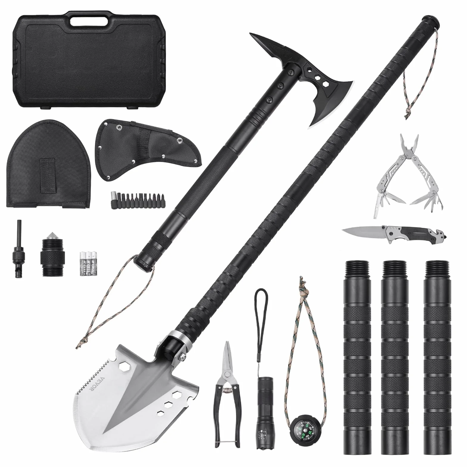 VEVOR Pala de Supervivencia 28 en 1 Hacha Plegable Acero Inoxidable para Acampar Senderismo