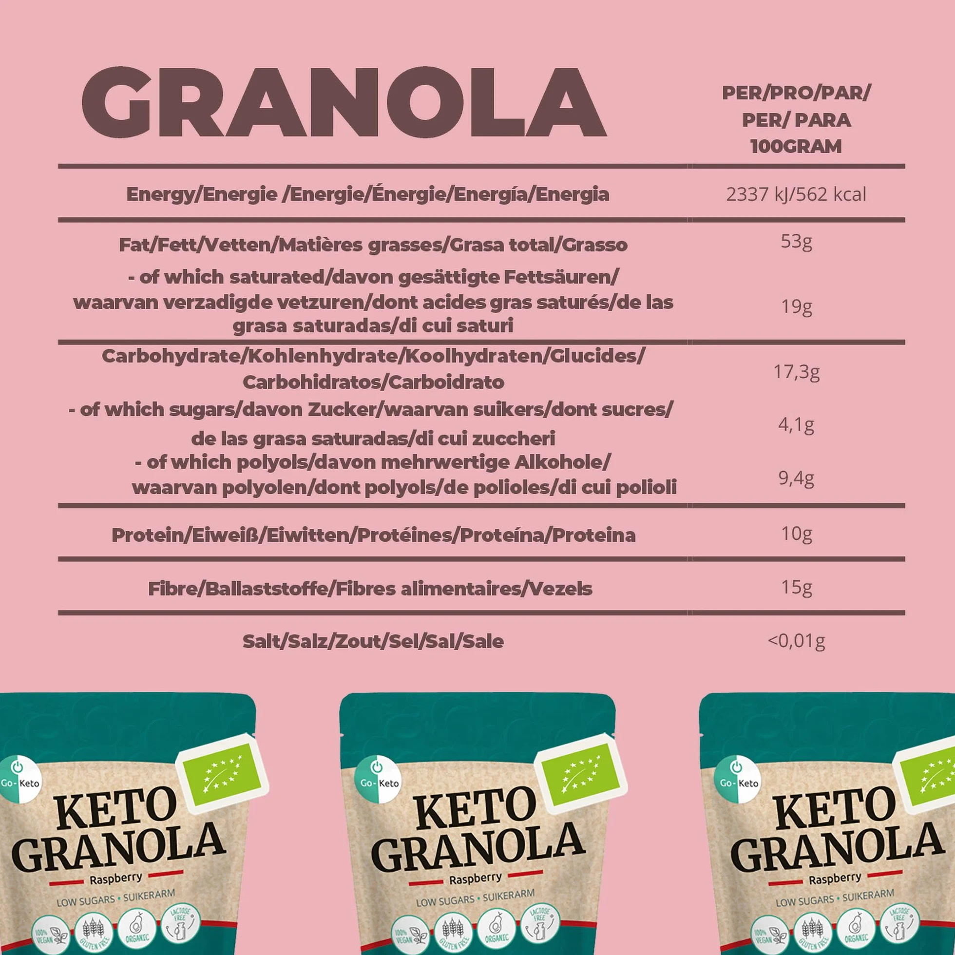 Go-Keto BIO Keto Granola Raspberry 6x 290g - Low Carb Keto Muesli para un delicioso desayuno keto, con chips de coco, nueces, frutas, semillas de girasol y de calabaza, vegan, sin gluten, sin lactosa