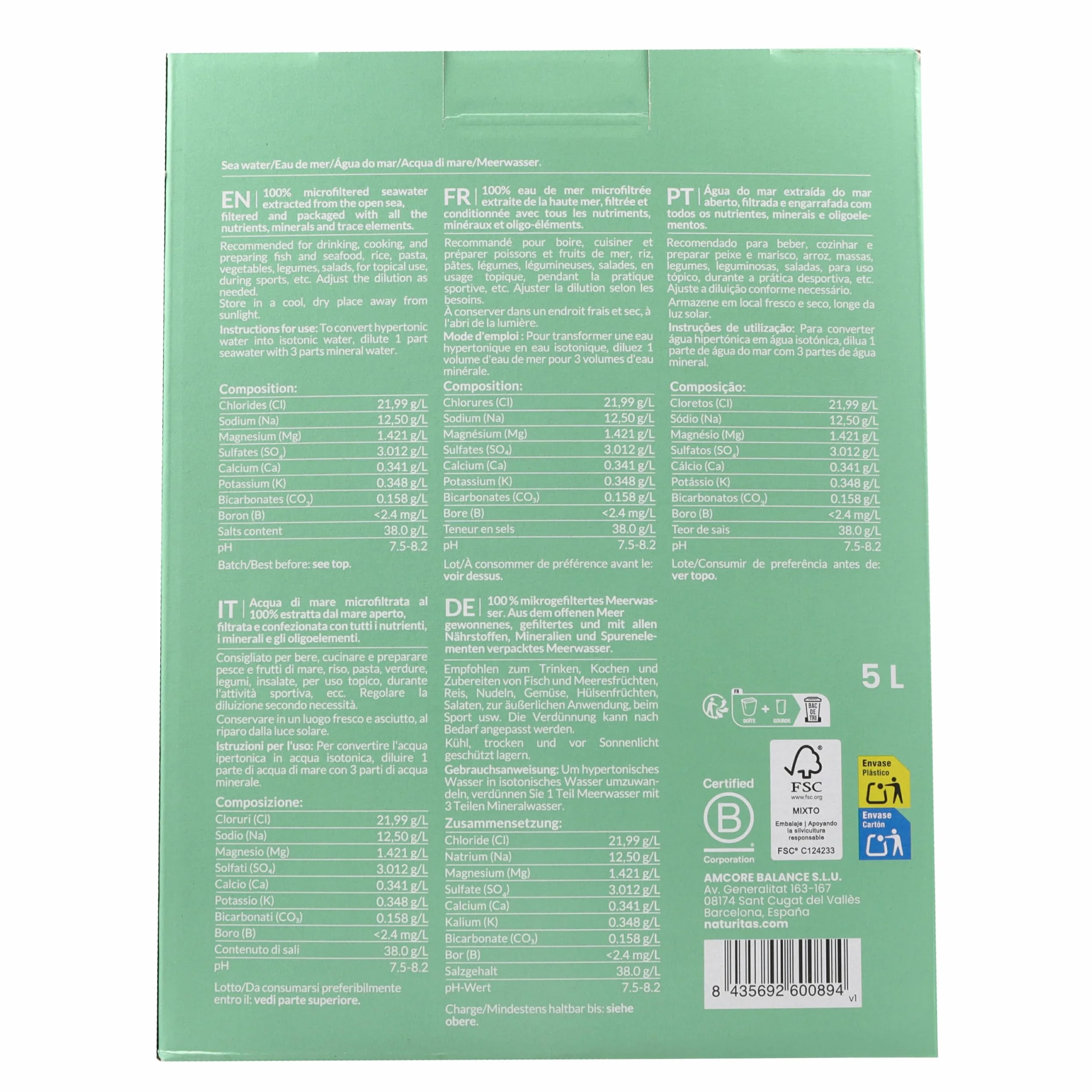 Agua marina | 5 L Bag in Box | Naturitas Essentials | 100% Pura, Microfiltrada en Frío, Ideal para Beber, Cocinar y Preparar Agua Isotónica