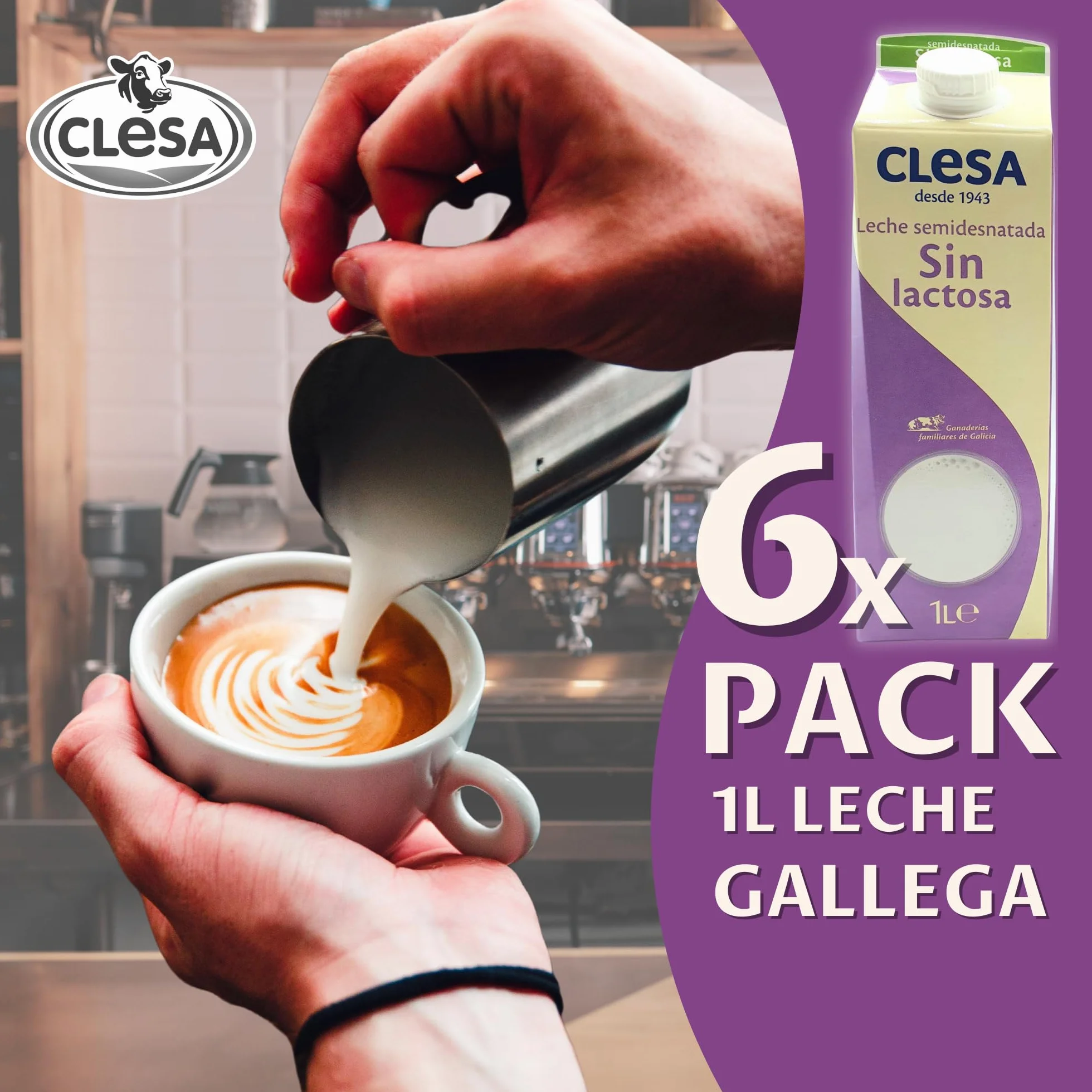 Leche Clesa SIN LACTOSA Semi Desnatada - 6 Bricks de 1 Litro - 100% Leche Gallega - Tapon Anti Goteo - 6 Litros Leche Sin Lactosa [CLESA]