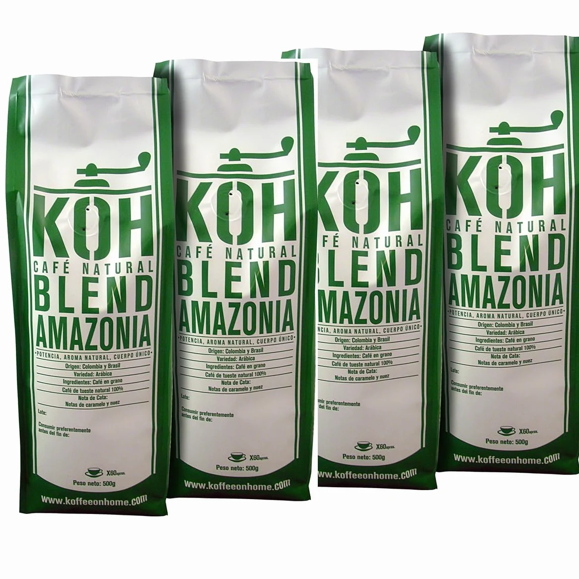 KoffeeONHOME Café en Grano 100% Arábica, Blend Amazonia, Tueste Natural, 4 Paquetes de 500 gr - 2 Kg