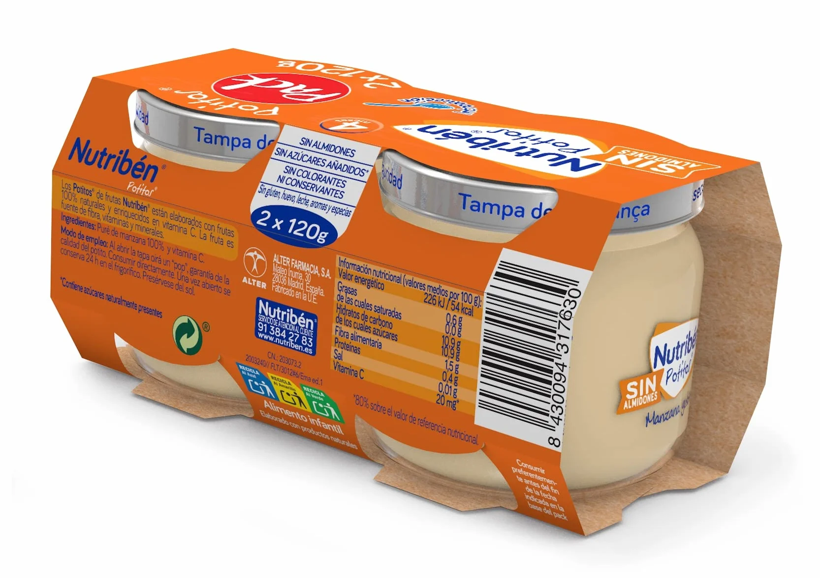Nutribén Potitos | Tarrito de Introducción de Manzana Golden | Para Bebés a partir de 4 Meses | Sin Azúcares Añadidos | Sin Gluten, Sin huevo, Sin Leche | 3 Pack de 2 Unidades de 120g por Tarrito