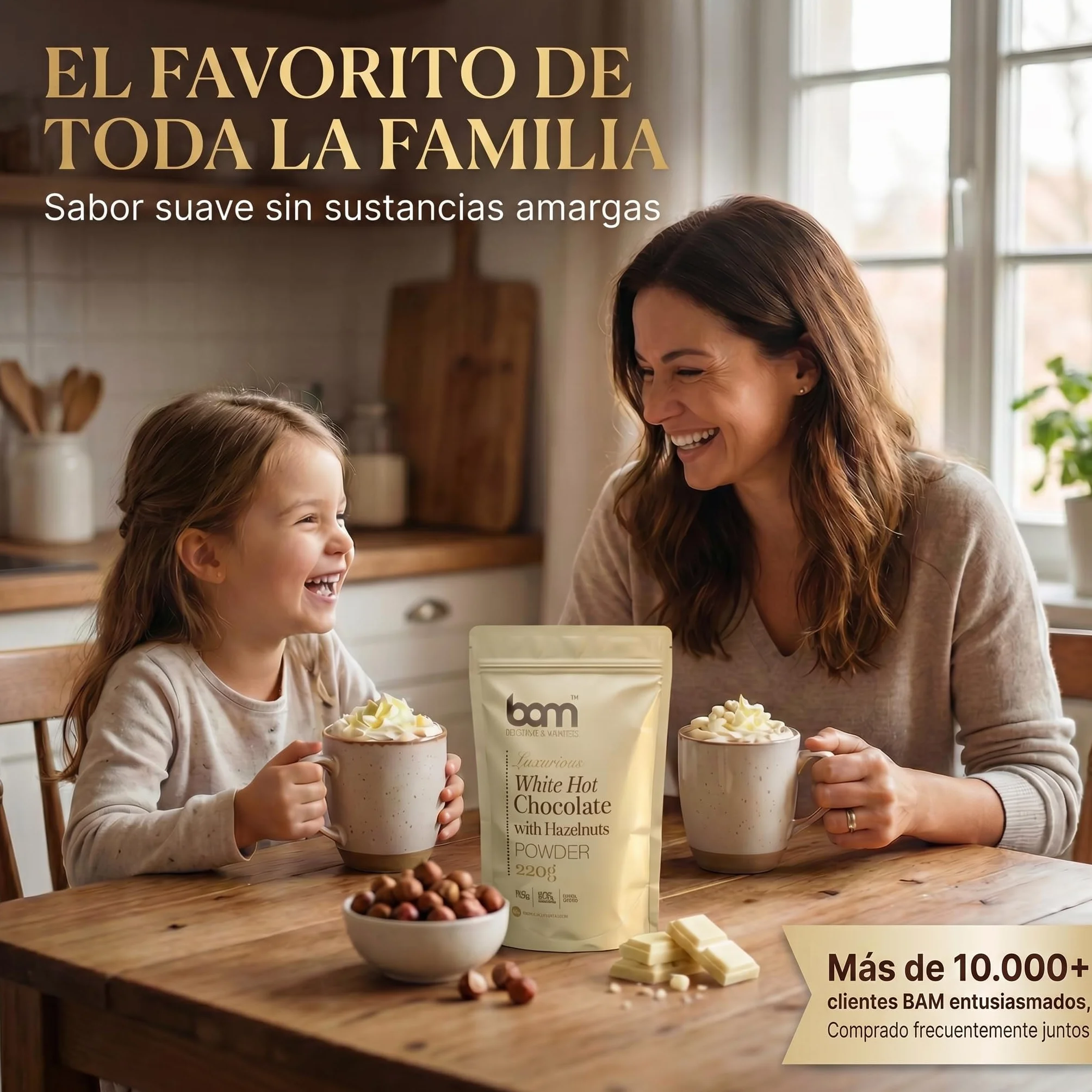 BAM Chocolate Blanco a la Taza con Avellanas, 220 g – Chocolate Caliente en Polvo – Preparado para Bebida Suave y Cremosa con Cuchara Medidora