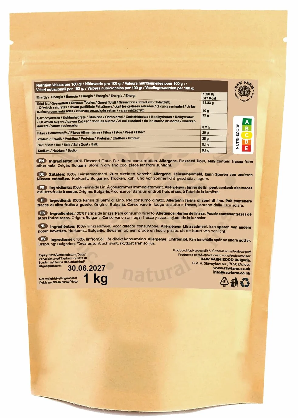 Raw Farm - Harina de Semillas de Lino - 1kg - 100% Pura, Sin Gluten, Rica en Proteínas, Baja en Carbohidratos, Sin Frutos Secos, Para Hornear, Cocinar y Smoothies