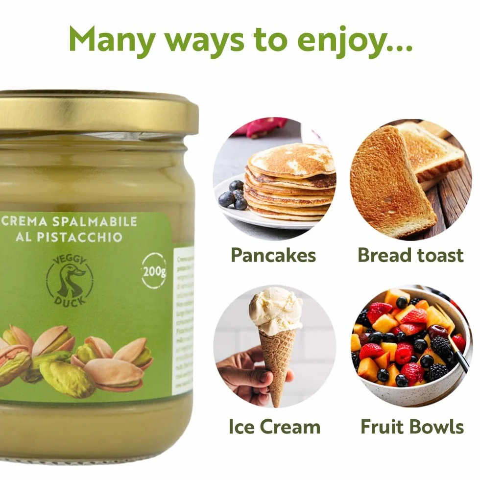 Veggy Duck - Crema de Pistacho (200g) | Con 45% Pistachos | Sabor Dulce | Comida Artesanal Italiana Gourmet | Ideal para Desayunos y Postres