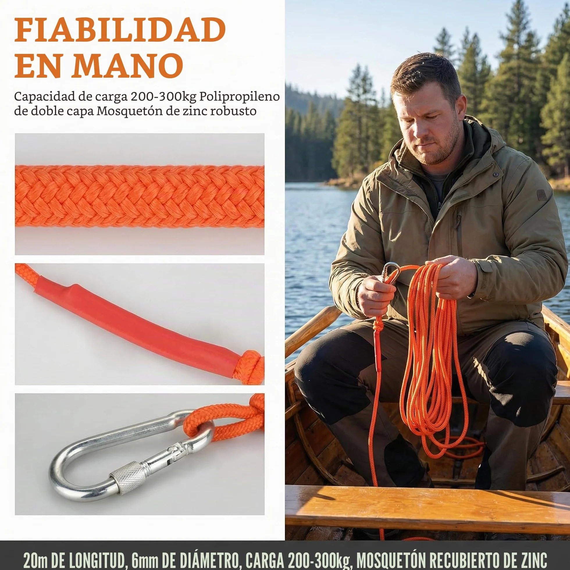 Cuerda de Escalada Auxiliar 20m 6mm con Mosquetón Naranja Multiusos