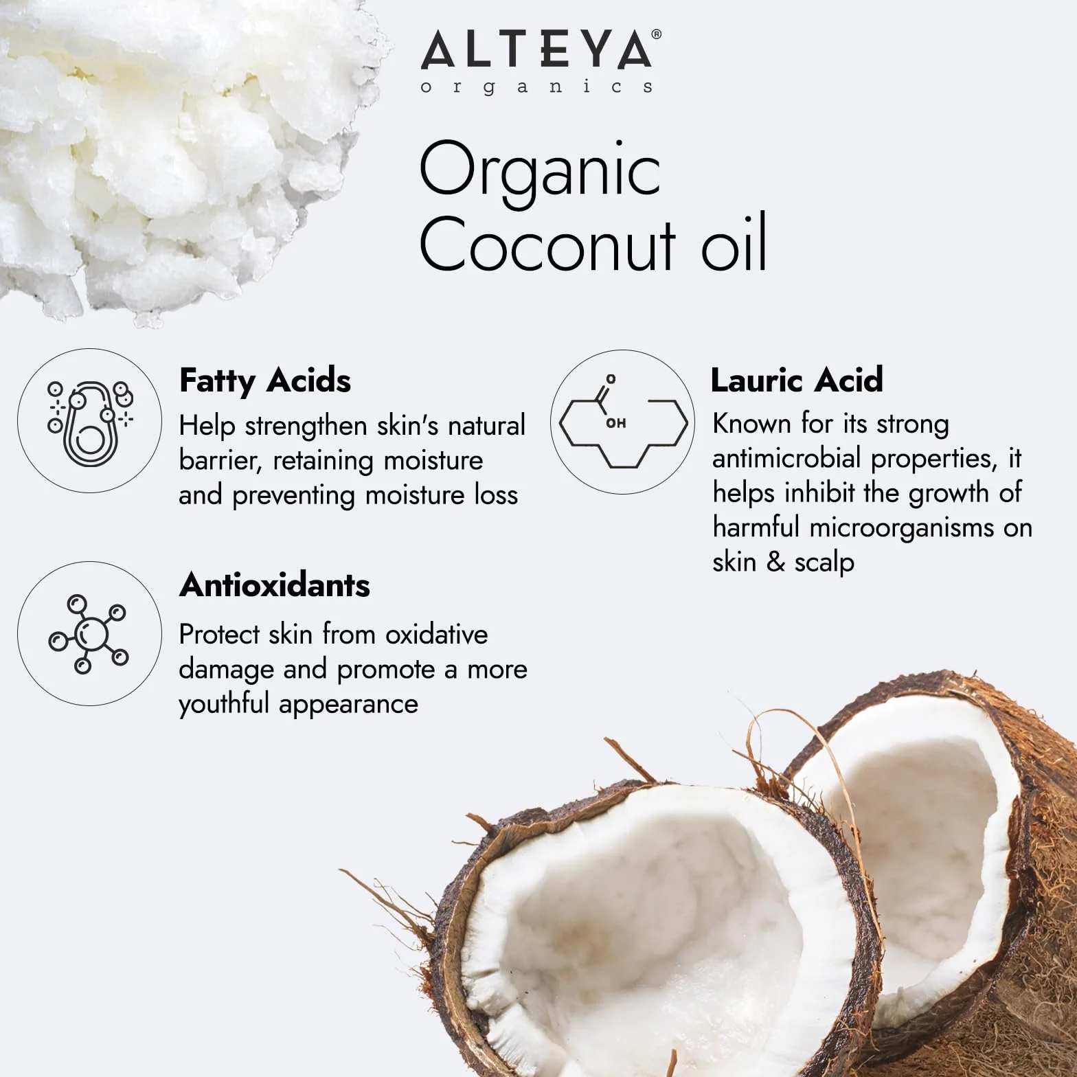 Alteya Aceite de Coco Crudo Virgen Extra Ecológico 350 ml - Aceite de coco 100% orgánico con certificado USDA, Cocos Nucifera puro y natural. País de origen Sri Lanka.