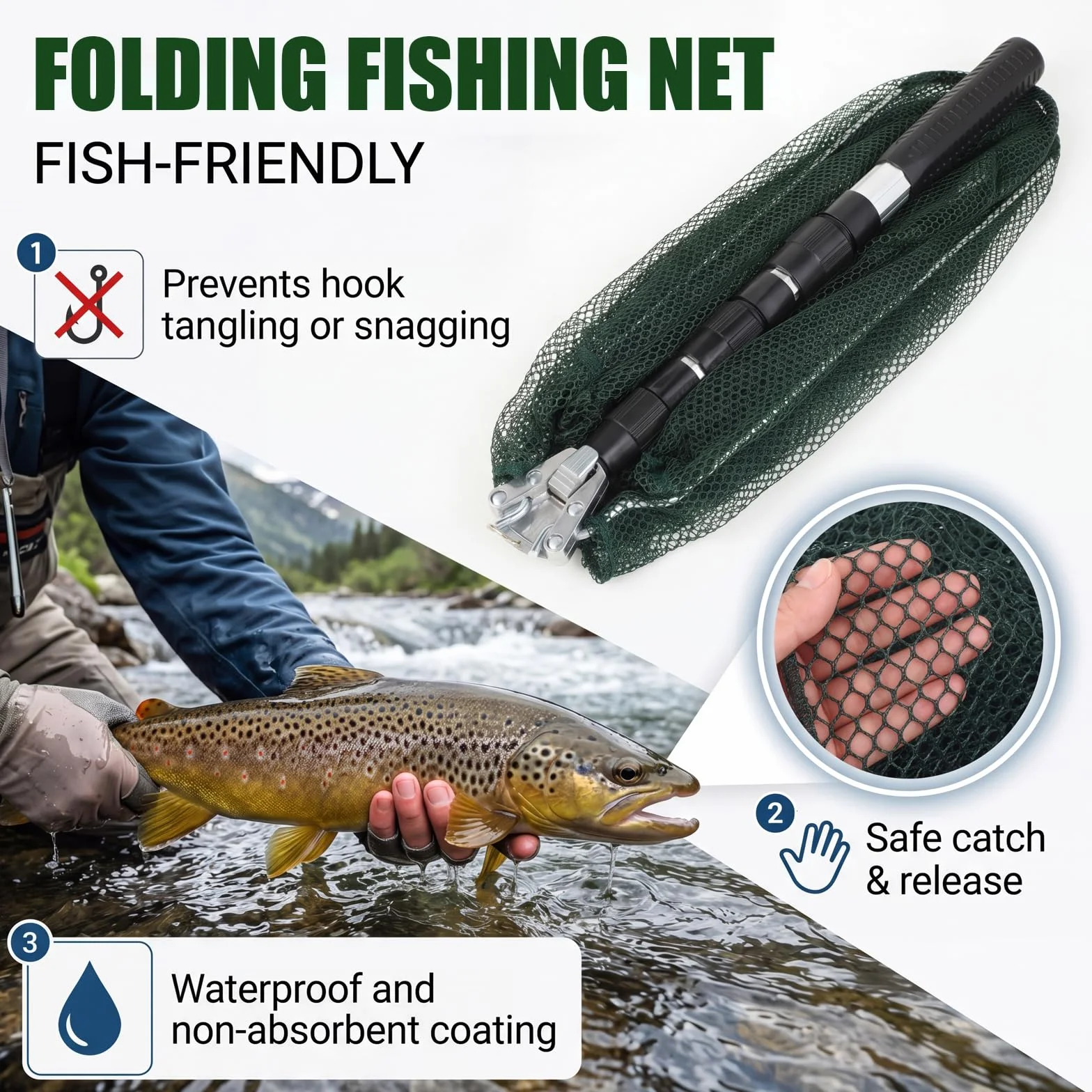 Red de Pesca Plegable Telescópica con Mango Antideslizante para Capturas Accesorio de Pesca al Aire Libre para Estanques