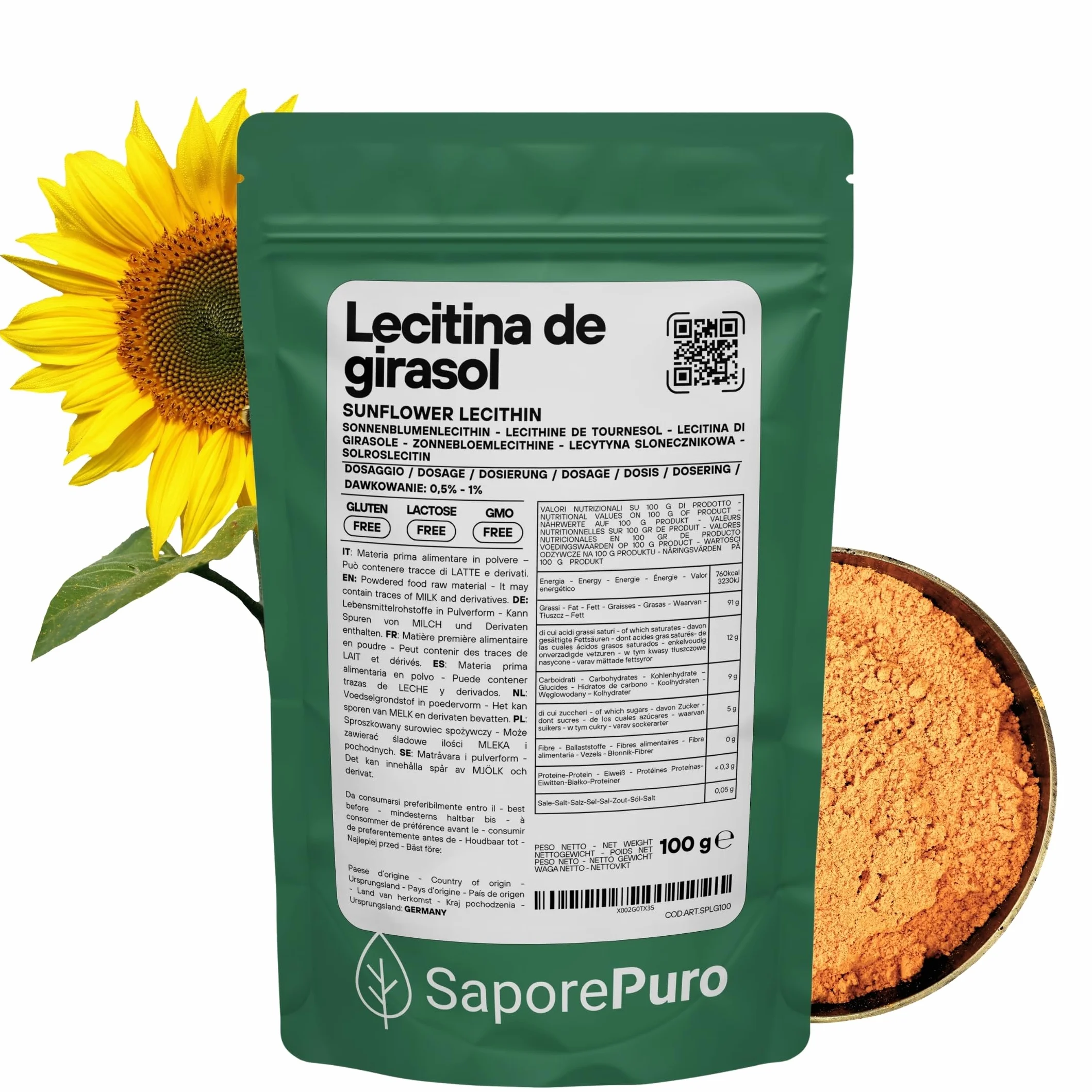 SaporePuro Lecitina de Girasol en Polvo 100 g – Emulsionante Natural SIN GLUTEN