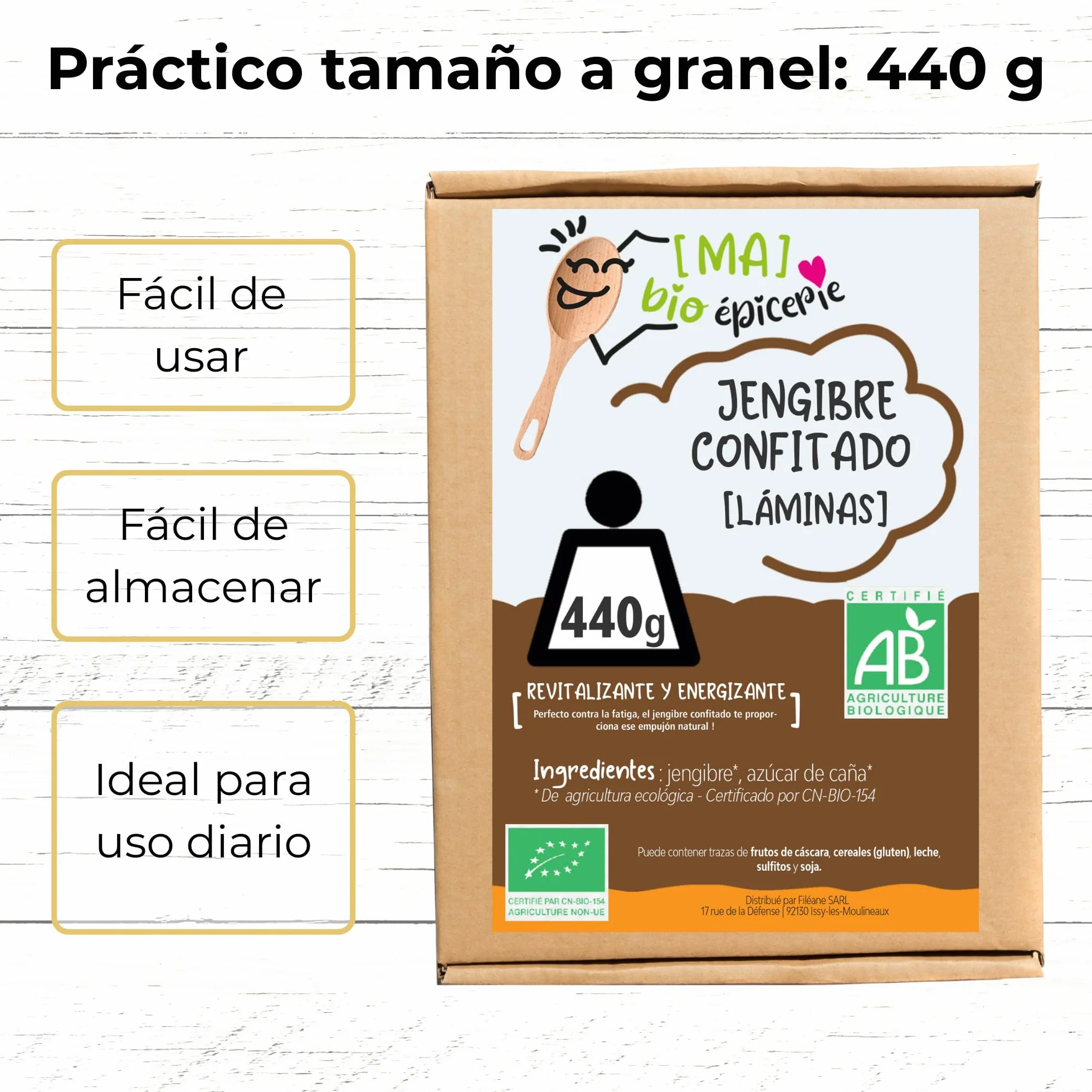 MA bio-épicerie - Jengibre Confitado Ecológico en Láminas 440 g - Jengibre Deshidratado a Granel sin Conservantes - Fruta Confitada Eco para Cocina y Degustación