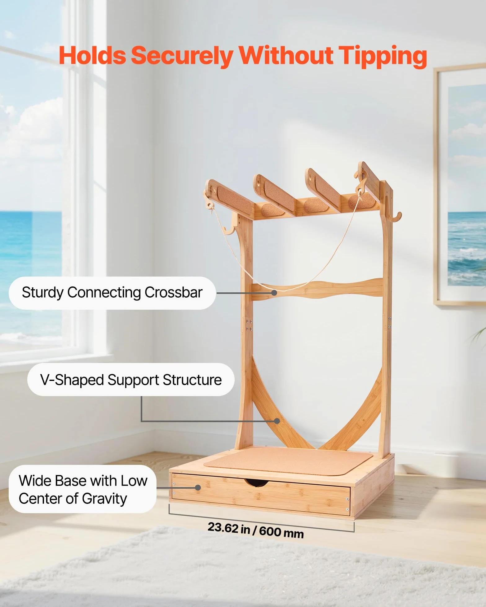 VEVOR Soporte Vertical para Tablas de Surf, Estante de Madera de 3 Niveles con Ganchos y Cajones
