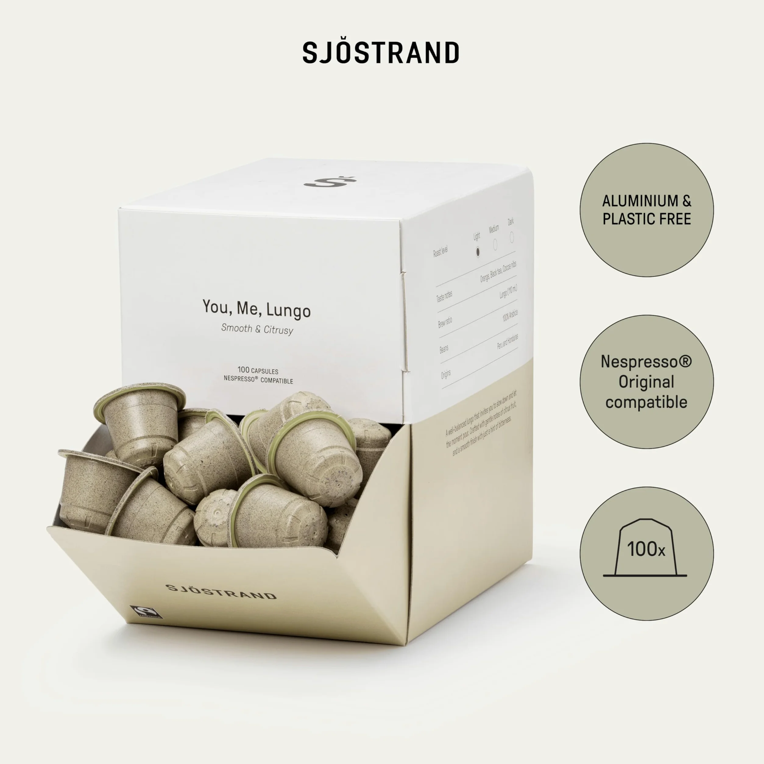 Sjöstrand Coffee Concept Tú, Yo, Lungo - Cápsulas de café orgánico, compatibles con Nespresso, 100 cápsulas, compostables, Comercio Justo.