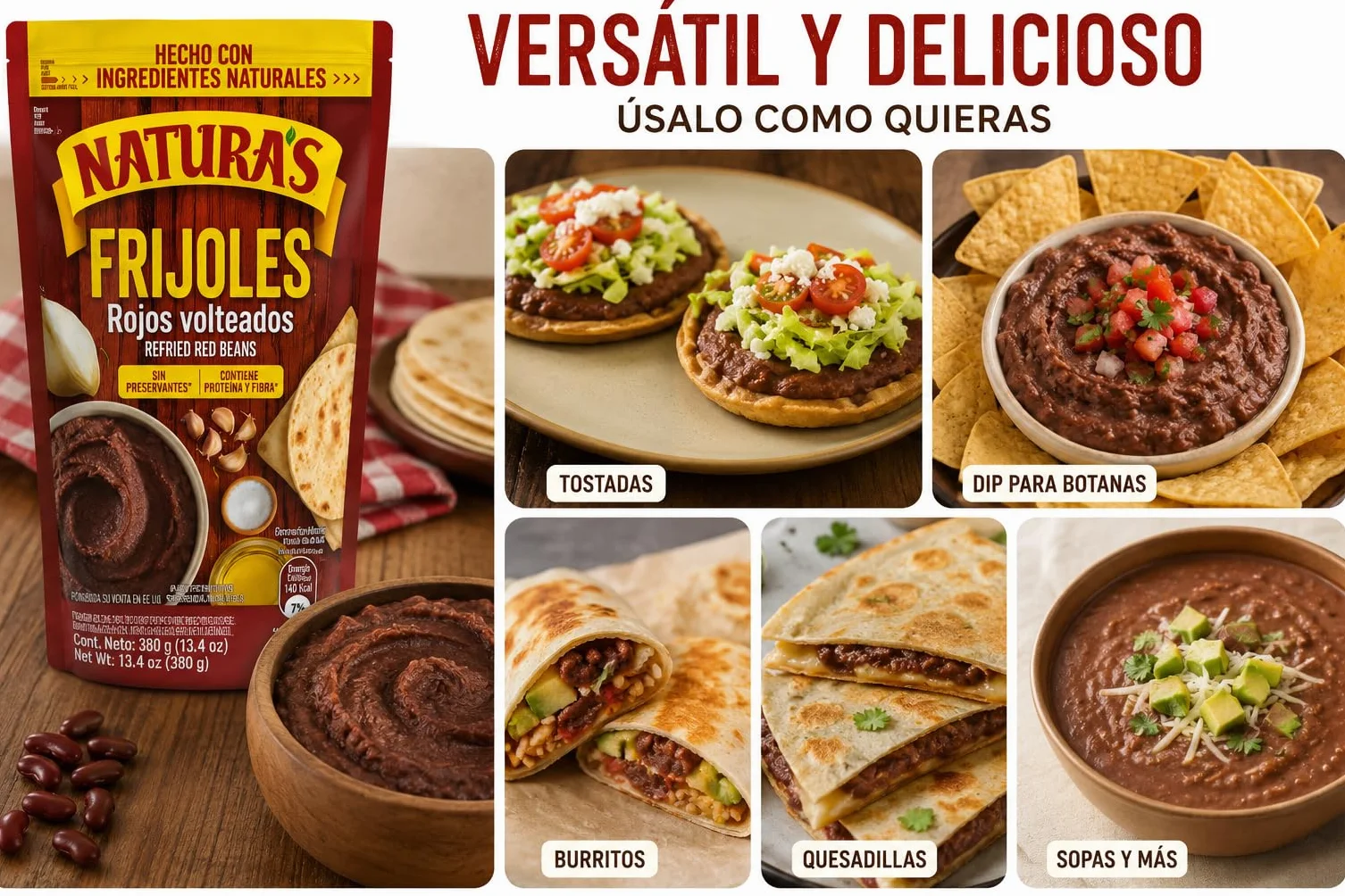 FRIJOLES ROJOS VOLTEADOS MOLIDOS - NATURAS - REFRIED RED BEANS - 380 GRAMOS