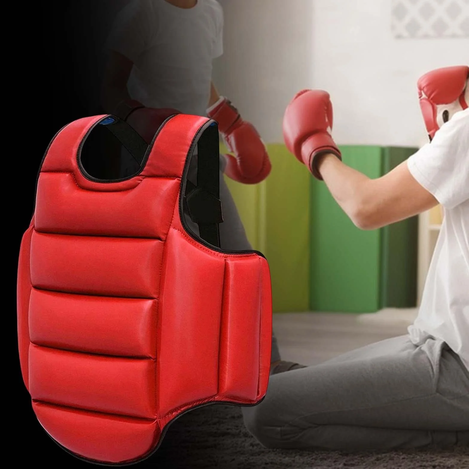 Rockible Protector de Pecho de Karate, Almohadilla de Protección de Escudo Ajustable para Taekwondo MMA, Rojo Azul S