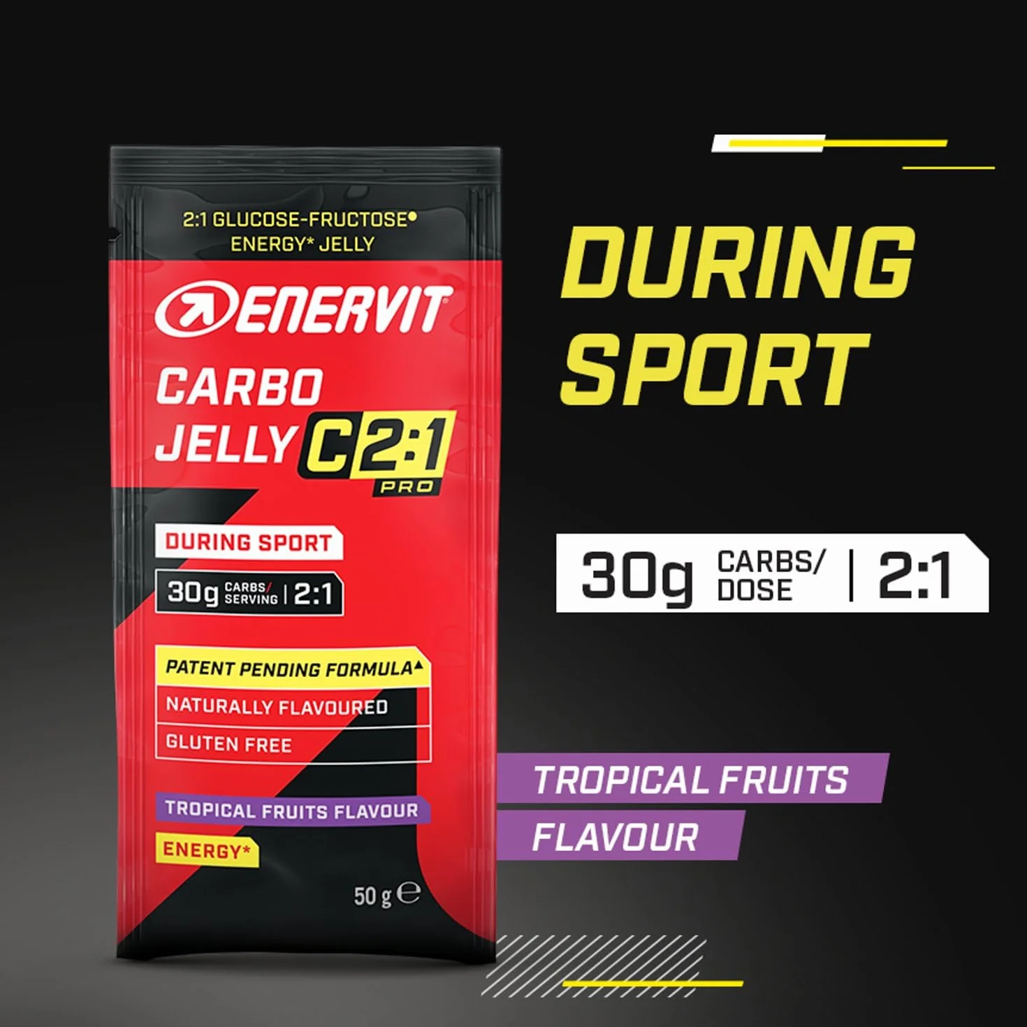 Enervit Carbo Jelly C2:1PRO, Gelatinas Energéticas para Actividades de Resistencia de Alta Intensidad, 30g de Carbohidratos, Sabor Tropical, Máxima Tolerancia, Sin Gluten, Vegano, Caja de 20 Paquetes