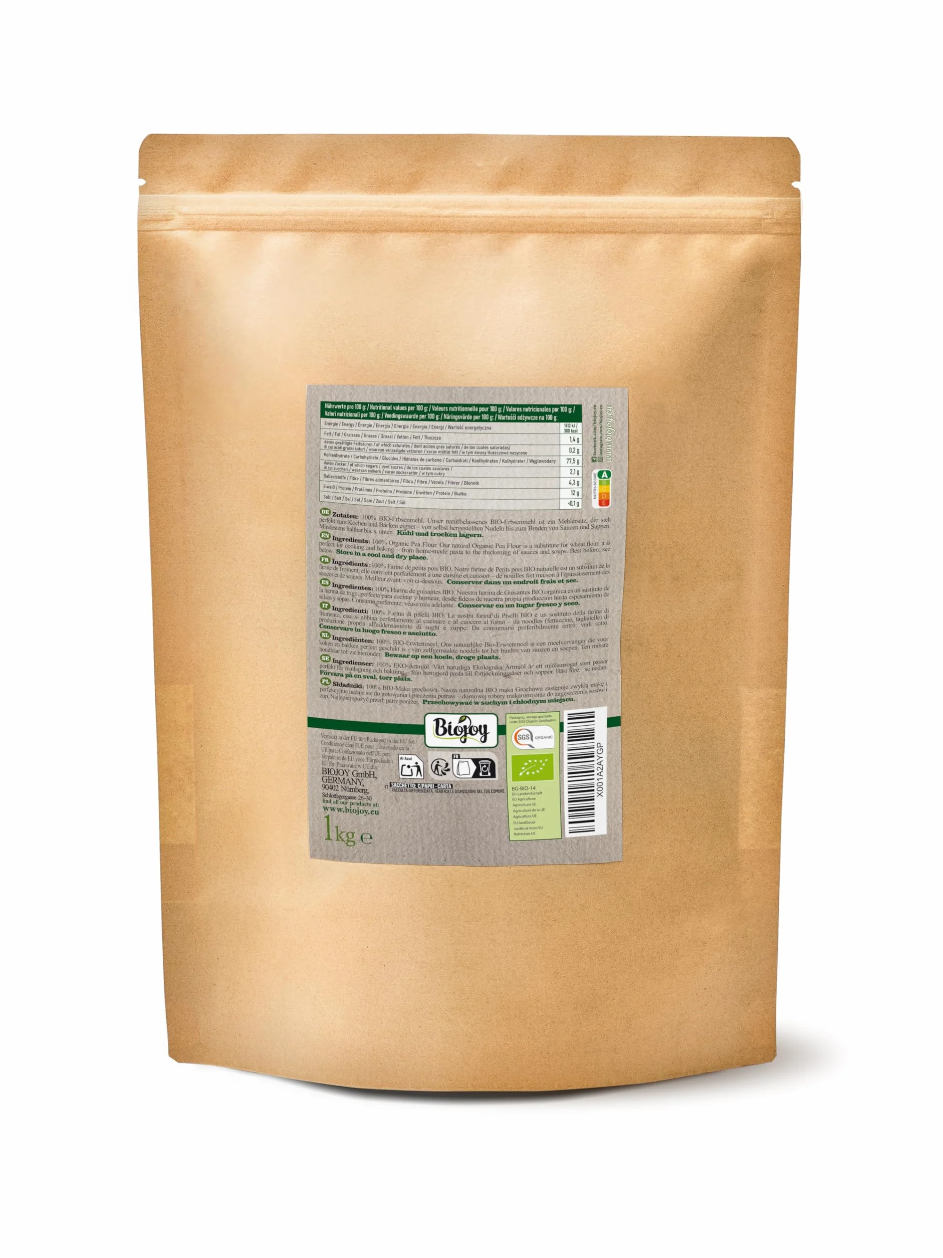 Biojoy Harina de Guisantes BÍO (1 kg), molida y sin aditivos