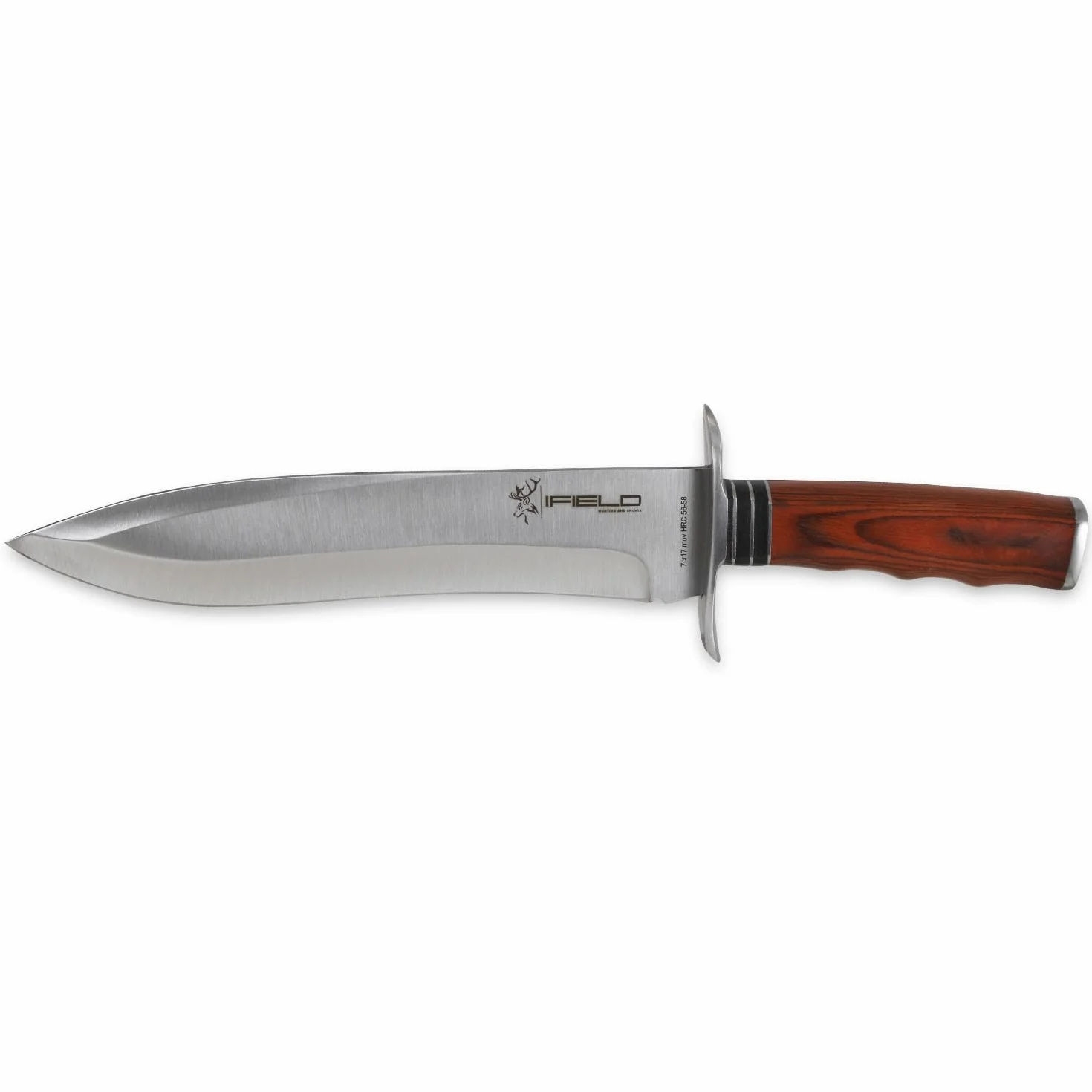 iFIELD Camper Cuchillo de caza deportivo EL29011, mango Stamina, 37 cm, hoja 23,5 cm, virola acero, funda piel marrón