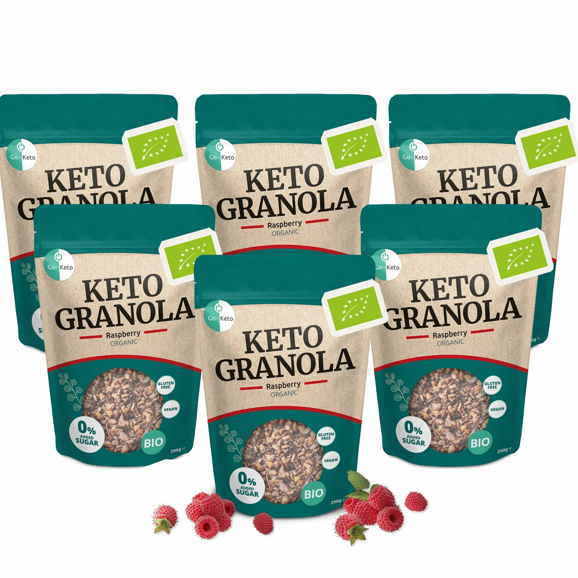 Go-Keto BIO Keto Granola Raspberry 6x 290g - Low Carb Keto Muesli para un delicioso desayuno keto, con chips de coco, nueces, frutas, semillas de girasol y de calabaza, vegan, sin gluten, sin lactosa