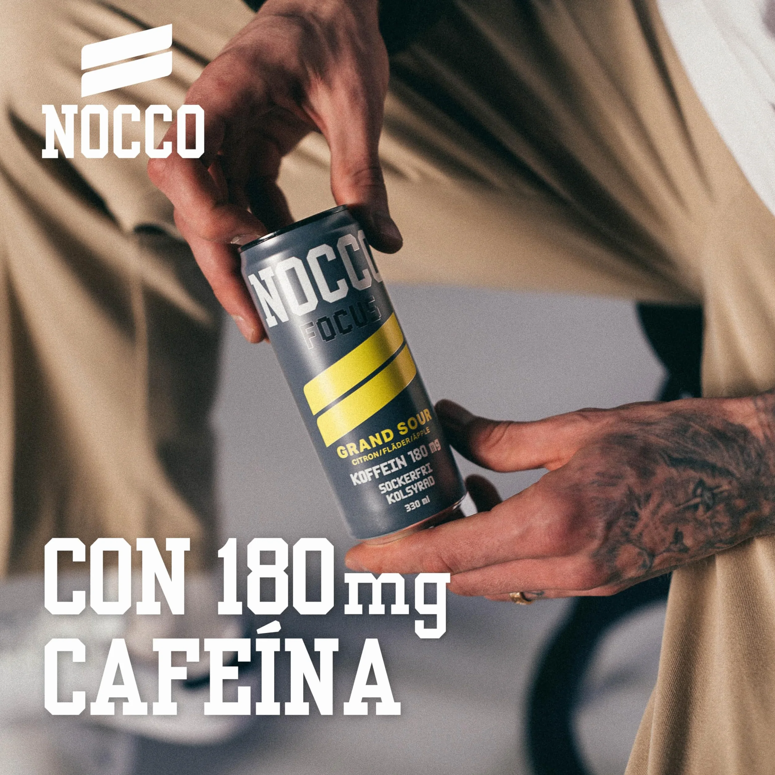 NOCCO -Bebida Energética con 180mg Cafeína, Enriquecida con Vitaminas B6 y B12, Sin Azúcar, Sin Carbohidratos - 24 x 330ml inkl. Pfand (Grand Sour)