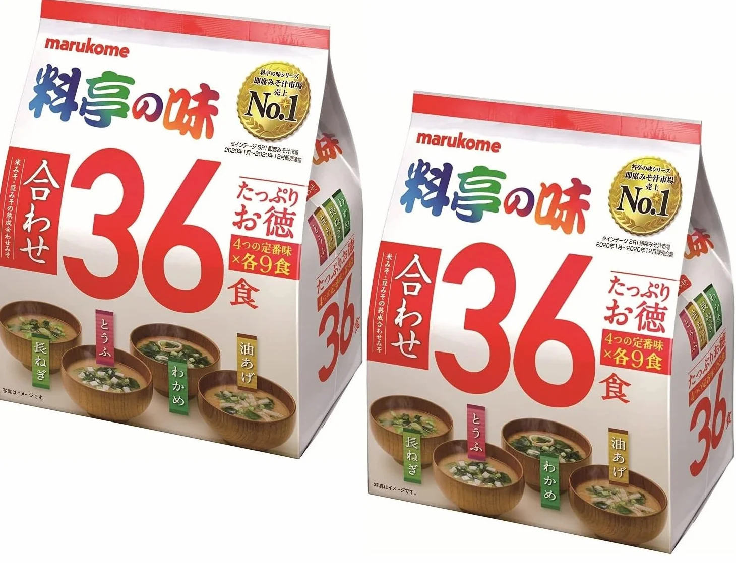 Marukome Sopa Miso Ryotei no Aji 4 Sabores, 36 Sopas Miso Instantáneas Japonesas (Algas Wakame, Cebollas Verdes, Tofu, Aburaage), Lote de 2 paquetes (Total 72 Sopas)