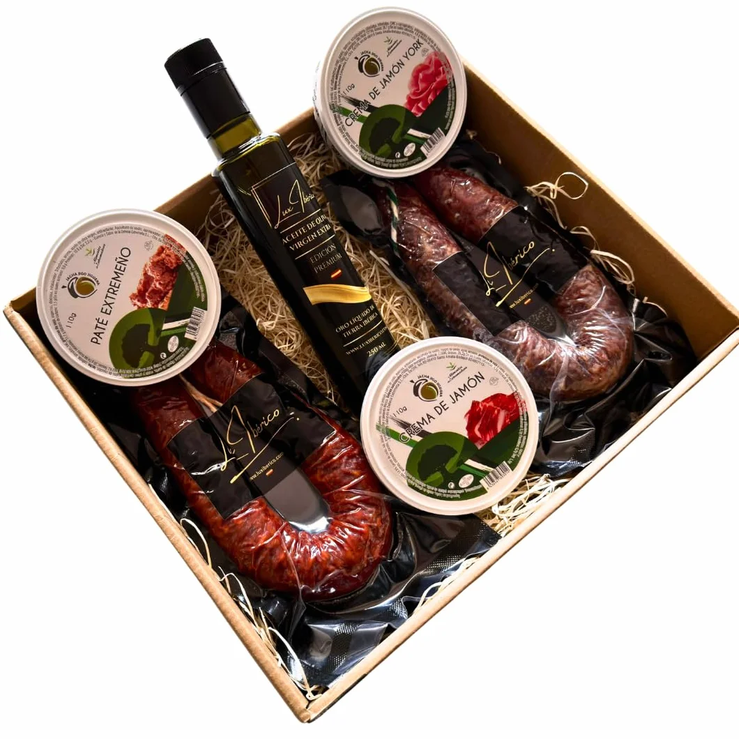 Cesta Regalo Galileo - Embutidos, Patés Extremeños y Aceite de Oliva | Chorizo y salchichón ibérico, tres patés extremeños y aceite de oliva virgen extra. Aperitivo variado listo para regalar.