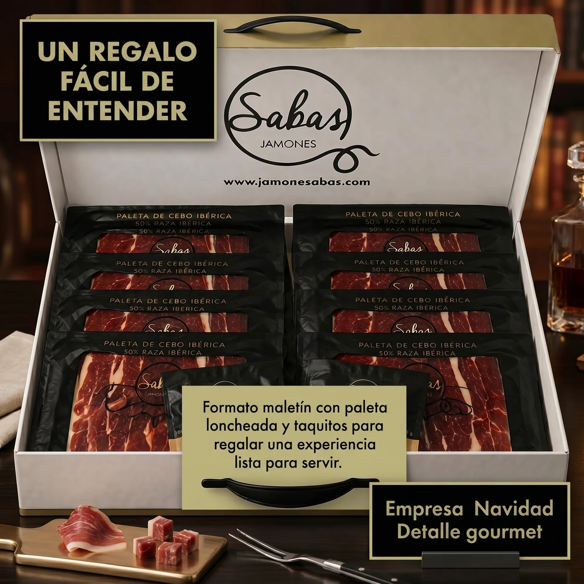 SABE A SABAS Cesta Paleta Gran Reserva Duroc 50% Cortada a Cuchillo 10 Sobres 100g con 2 Taquitos 100g Estuche Gourmet Regalo Jamon Curado Loncheado Tabla Aperitivo Navidad Evento Familiar