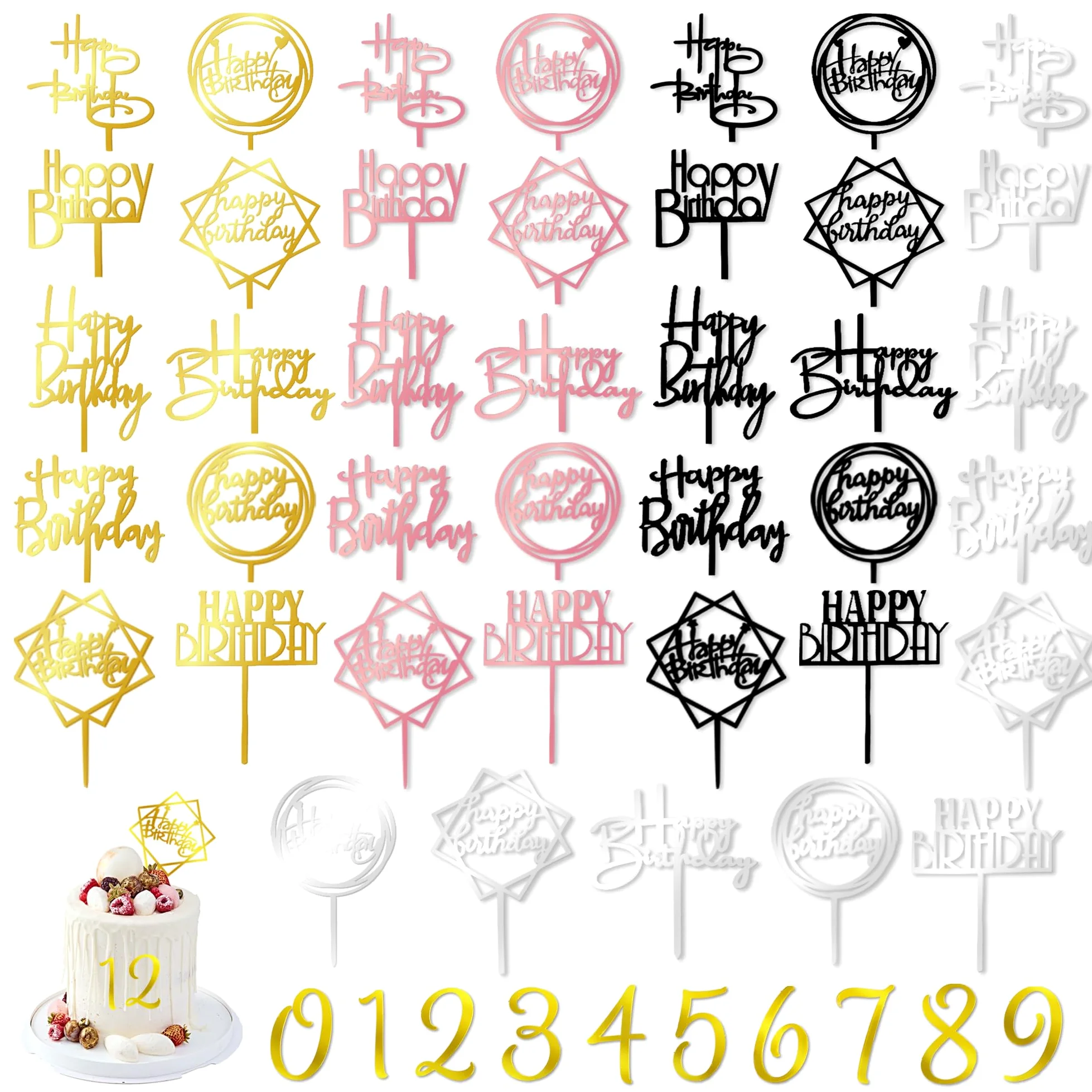 50 piezas de acrílico para tarta de feliz cumpleaños, dorado, negro, rosa, plata, decoración para tarta de cumpleaños, decoración de pasteles, postres (4 colores)