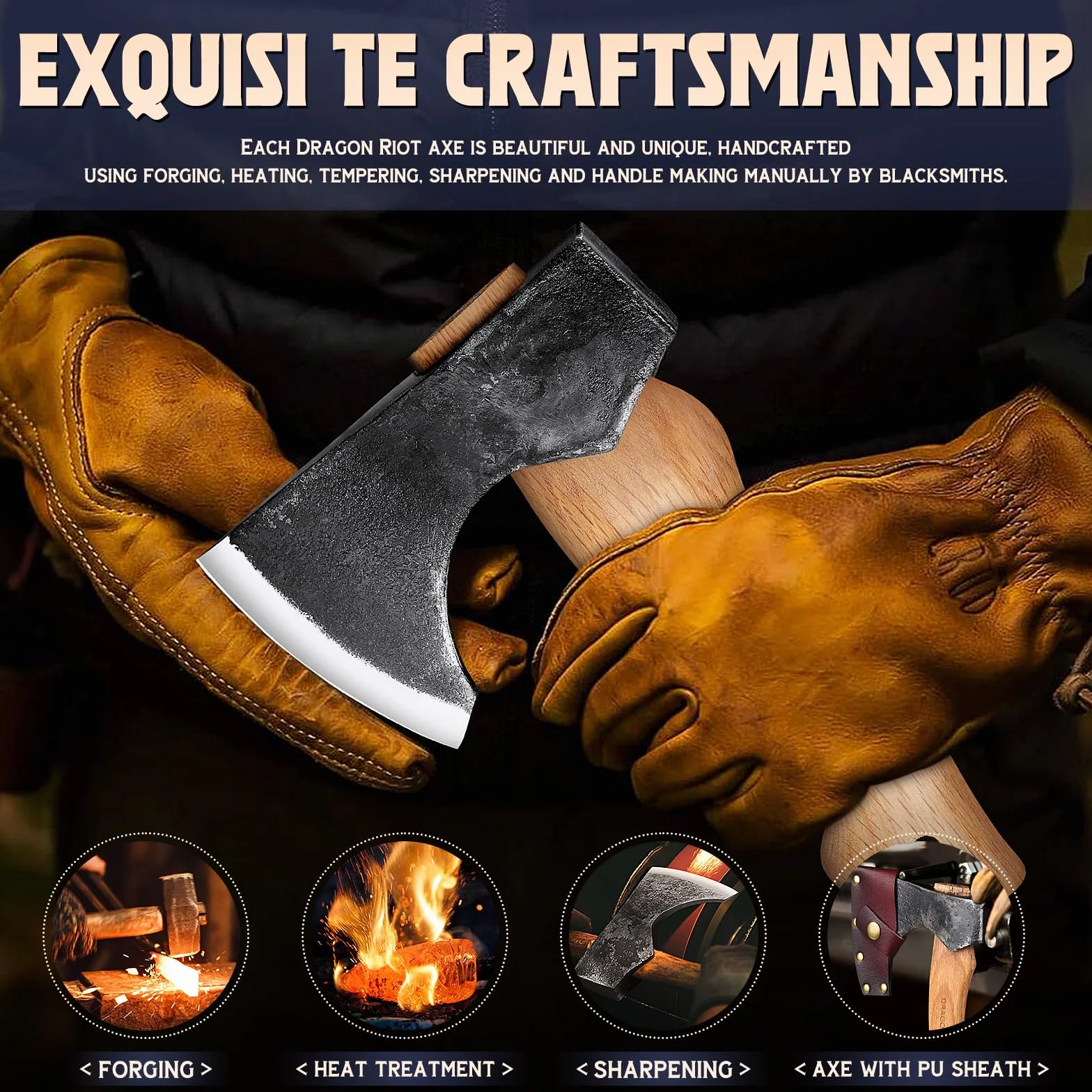 Hacha de Vikinga DRAGON RIOT 22 cm, Hacha Leña Forjada a Mano, Hacha Bushcraft con Funda