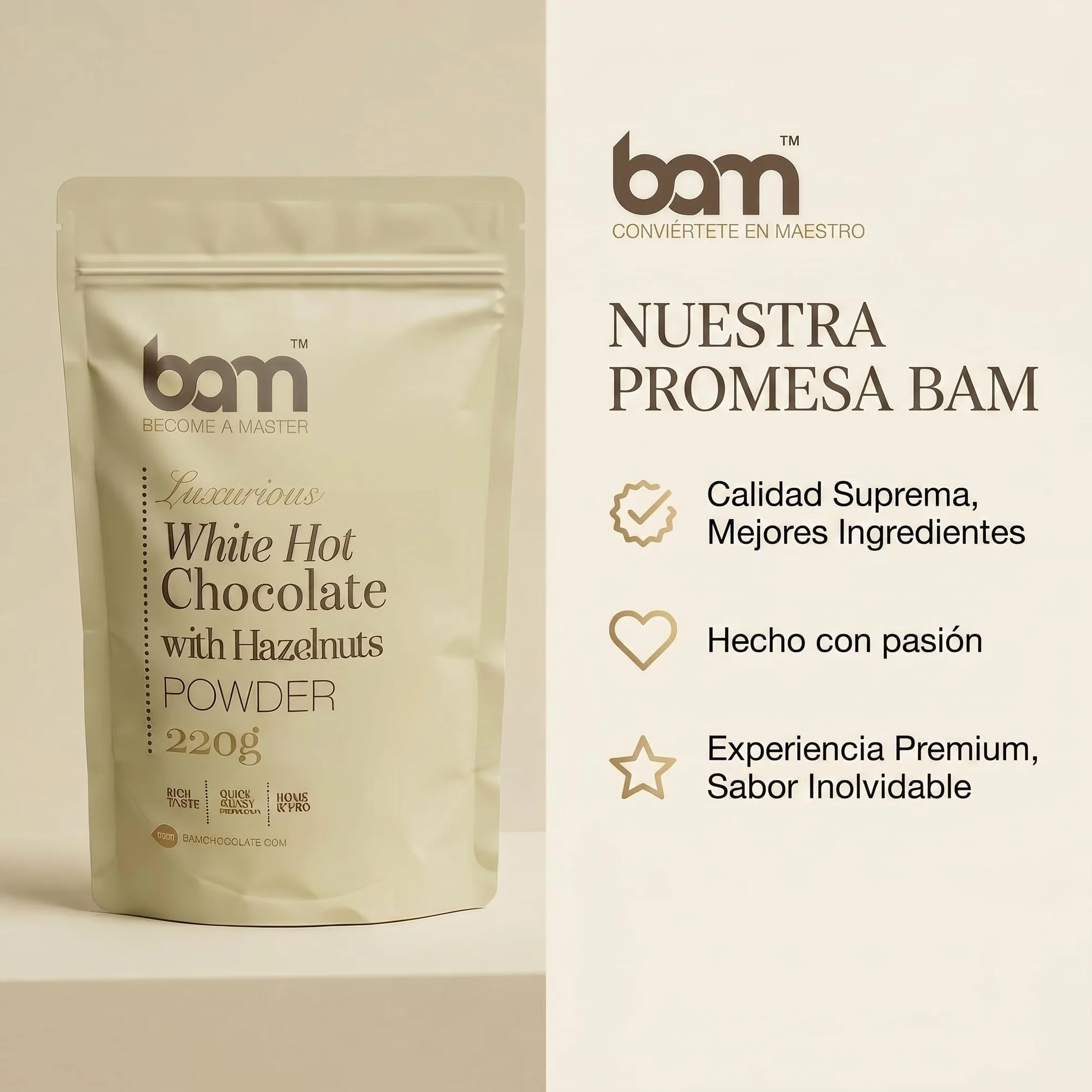 BAM Chocolate Blanco a la Taza con Avellanas, 220 g – Chocolate Caliente en Polvo – Preparado para Bebida Suave y Cremosa con Cuchara Medidora