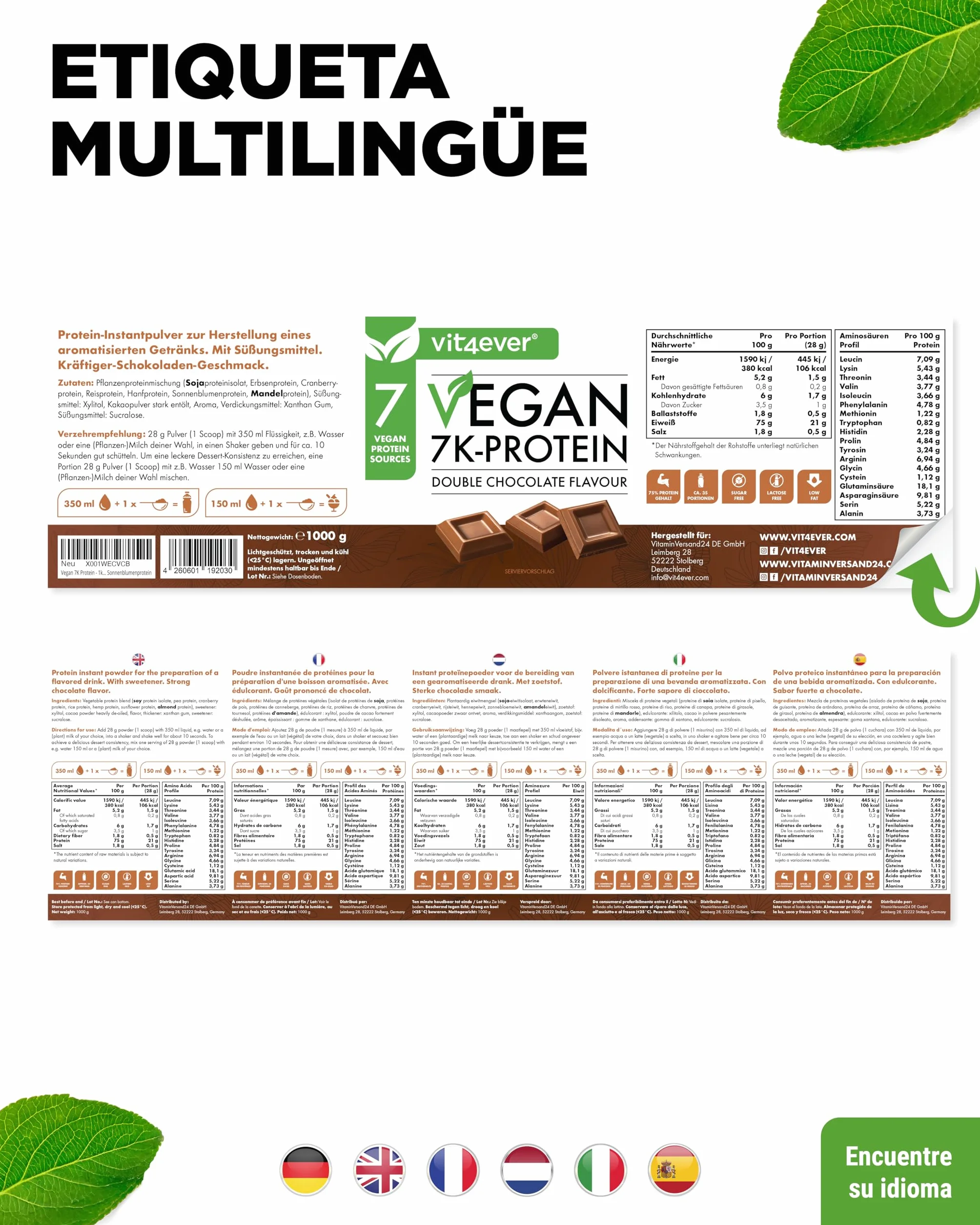 Vegan 7K Protein 1kg Doble Chocolate Proteína vegetal pura en polvo