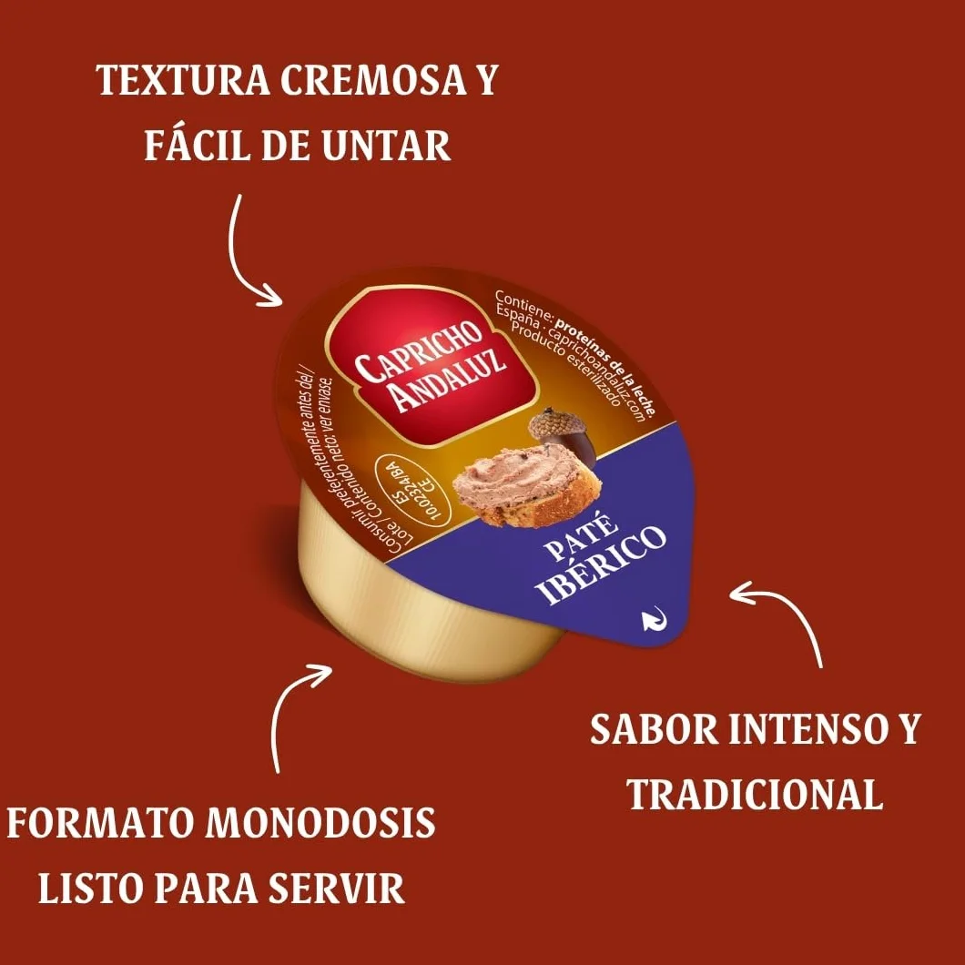 Capricho Andaluz - Caja Paté Ibérico 60 Unidades en Monodosis de 25 gr, Untable para tus Desayunos y Meriendas con un Envasado Práctico y Cómodo para Llevar
